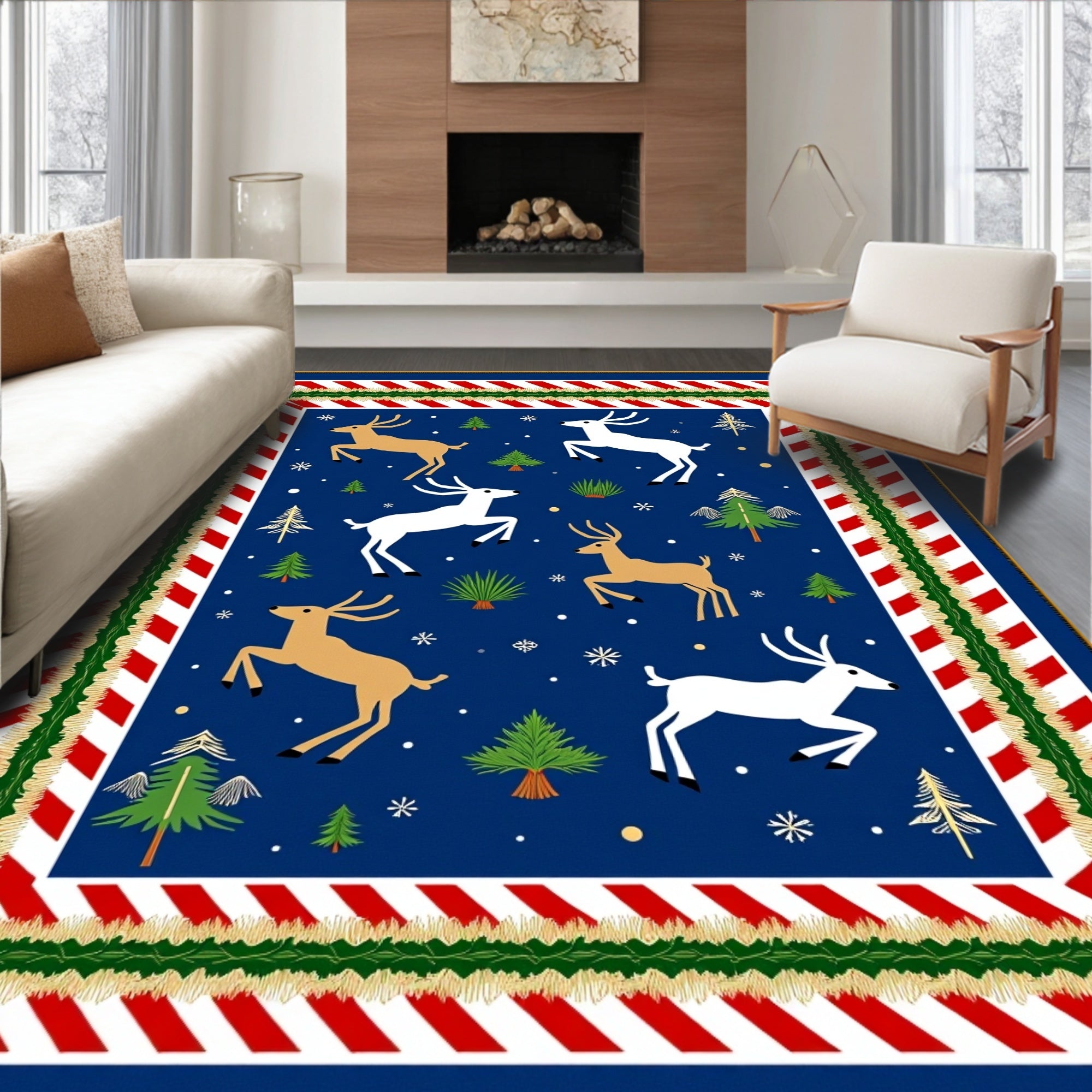 Rustic White and Tan Reindeer Forest Rug