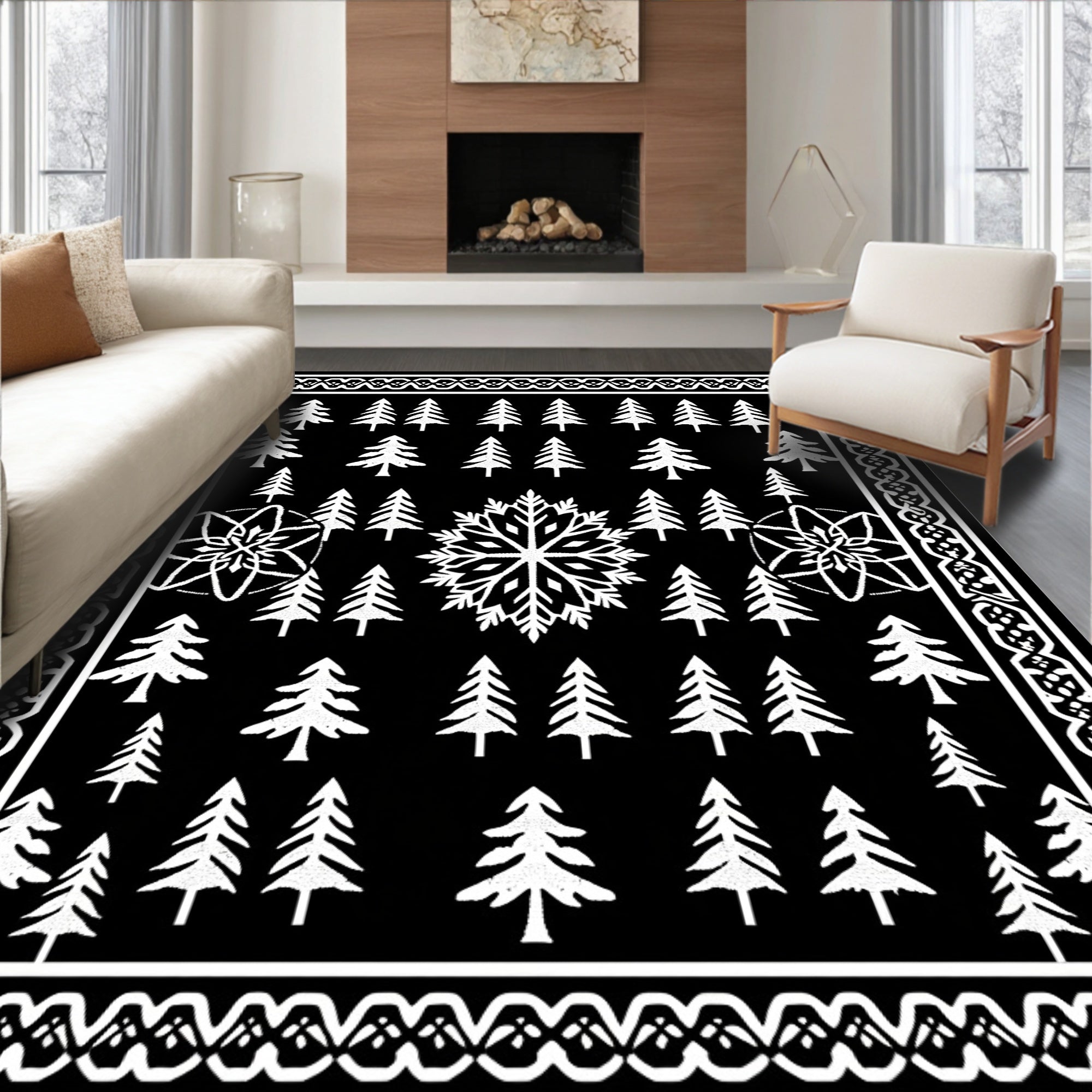 Black White Evergreen Snowflake Trio Rug