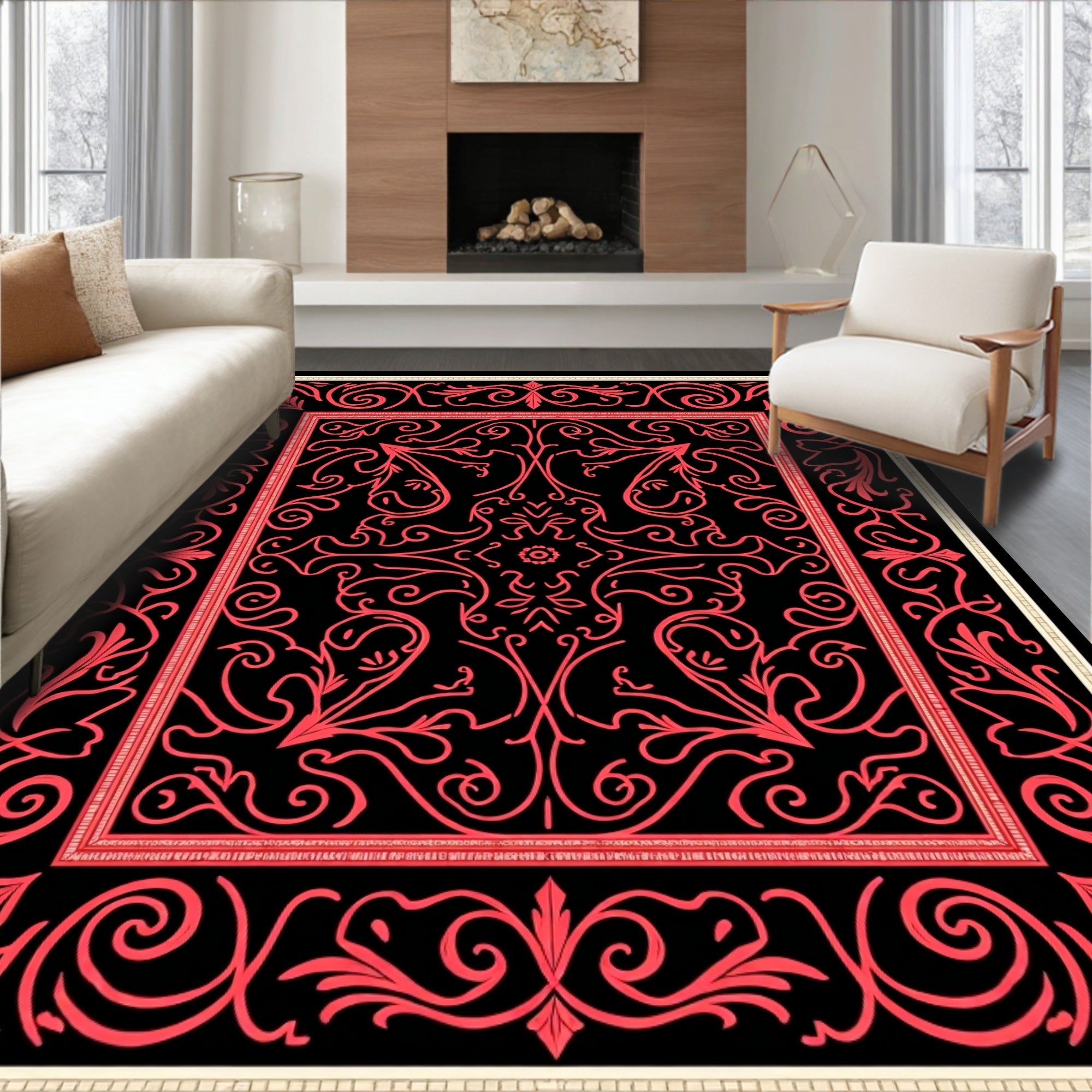Coral Vine Scrolling Black Medallion Rug