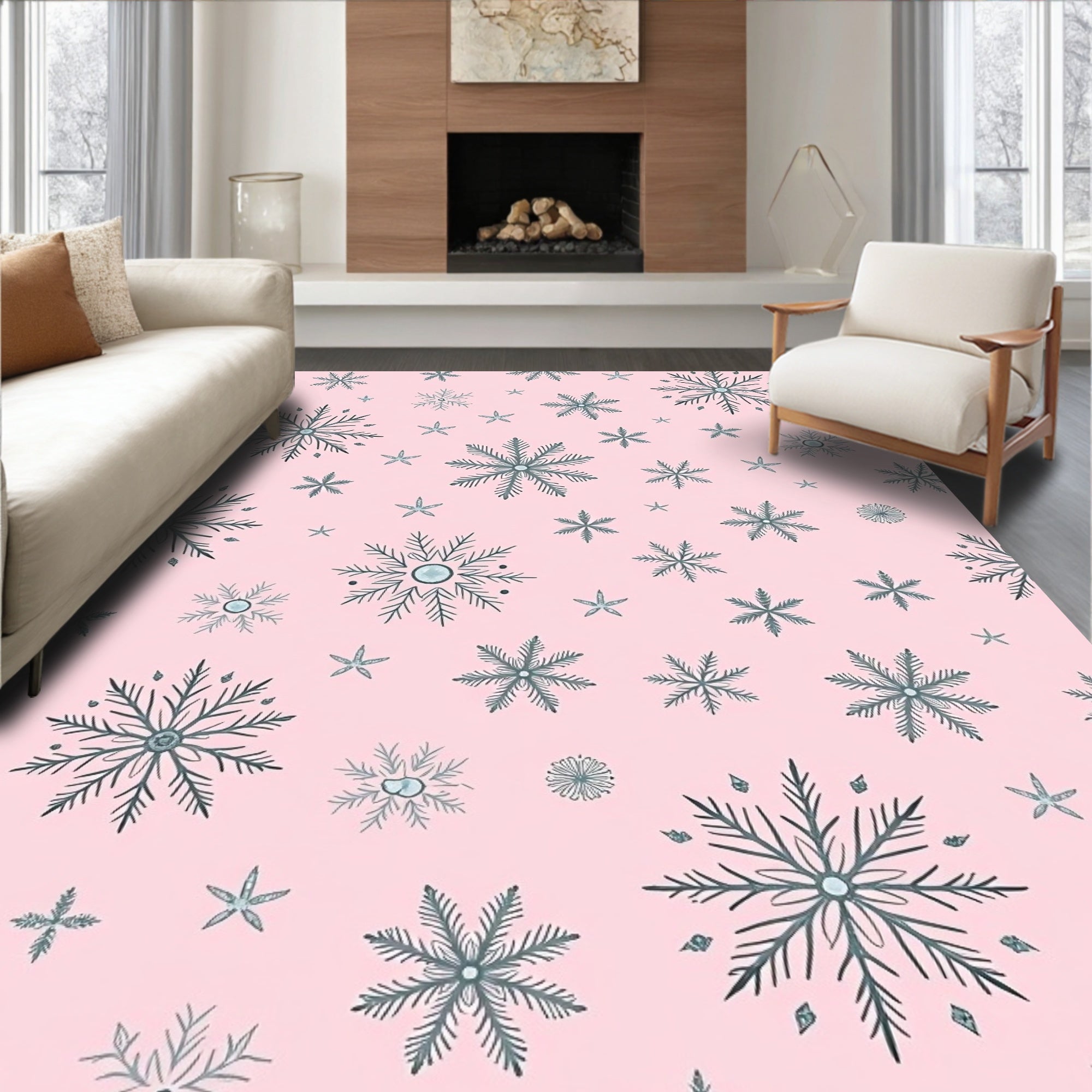 Pastel Pink Snowflake Scatter Rug