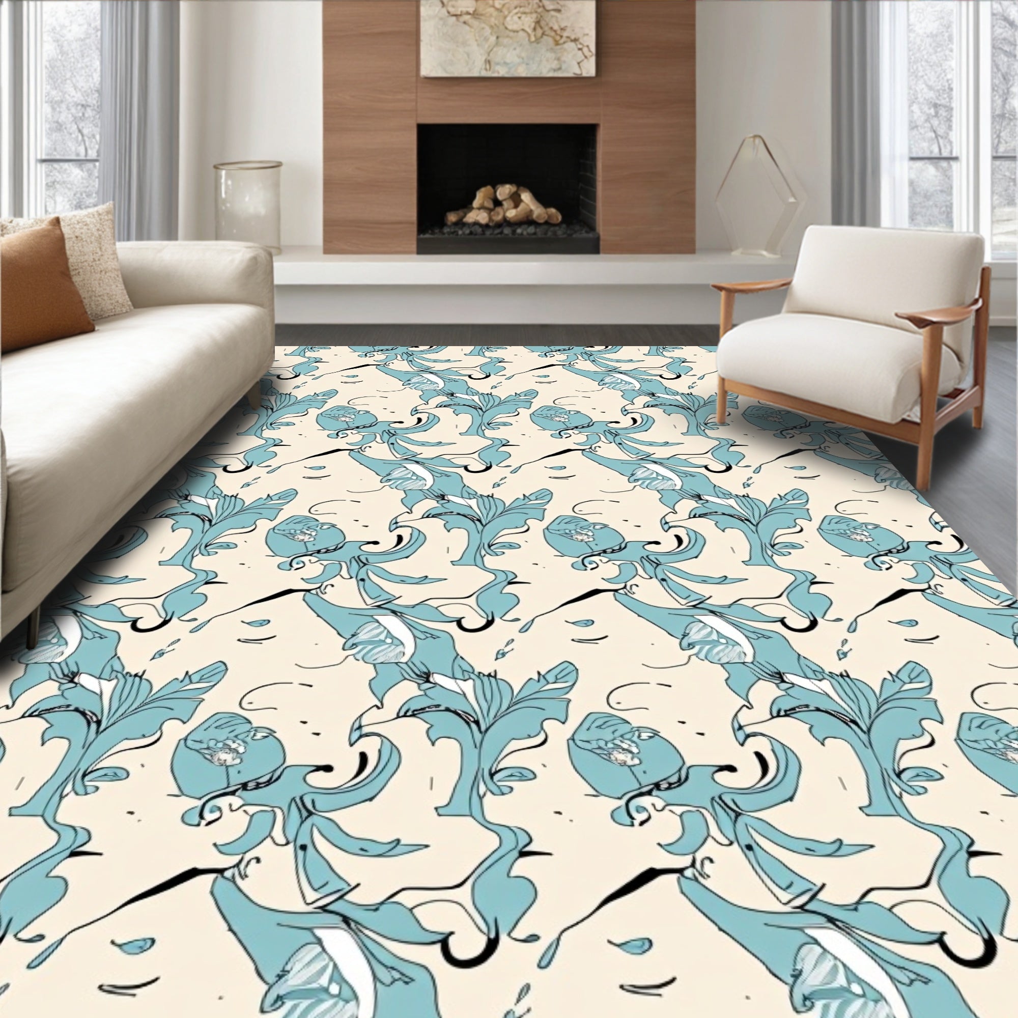 Teal Abstract Floral Swirl Rug