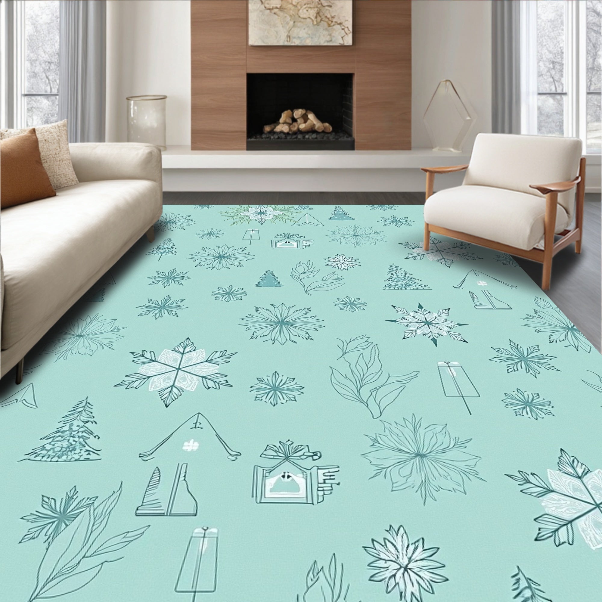 Mint Green Snowflake Winter Scene Rug