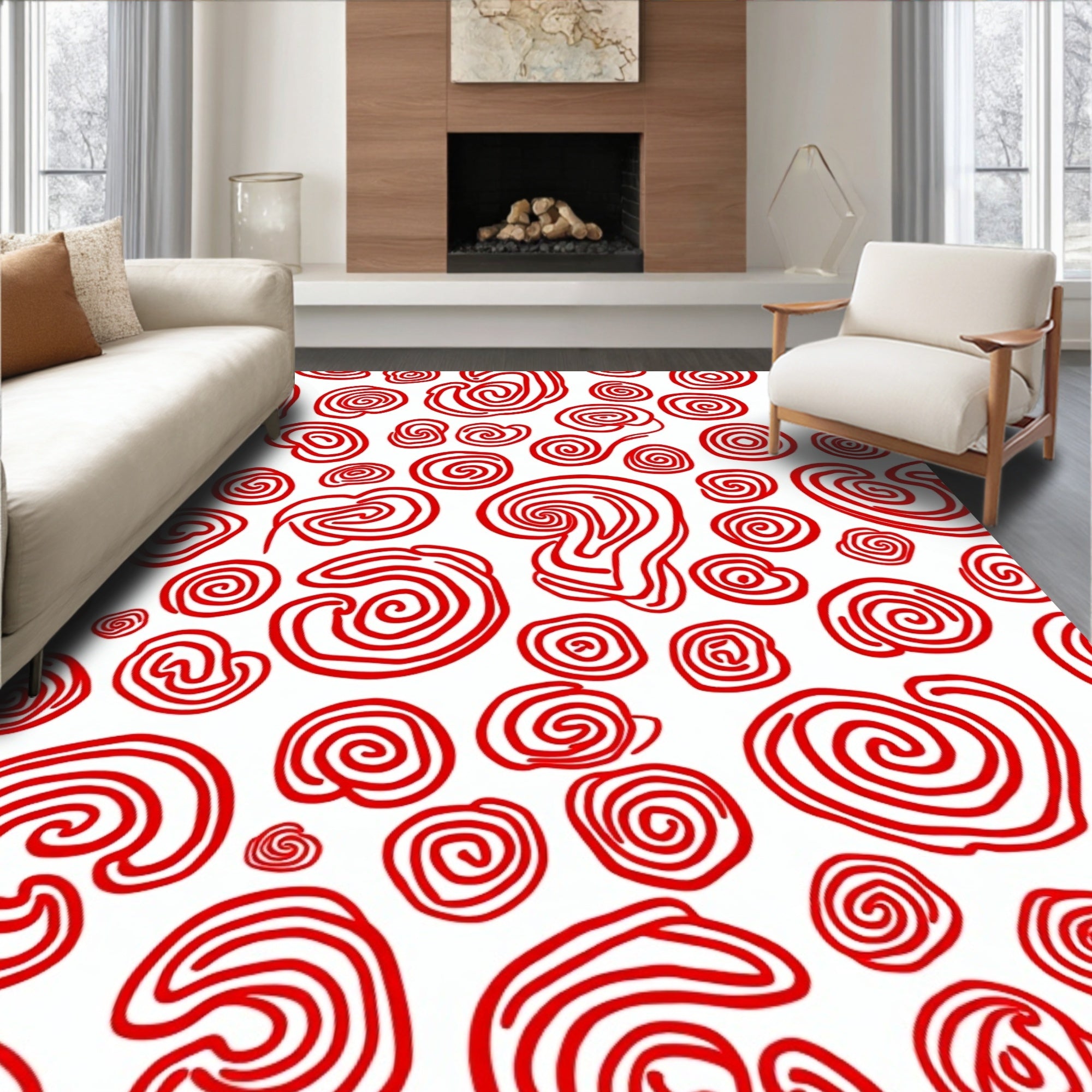 Red White Swirls Abstract Rug