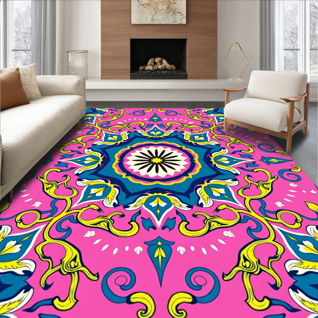 Vibrant Pink Yellow Blue Floral Mandala Rug