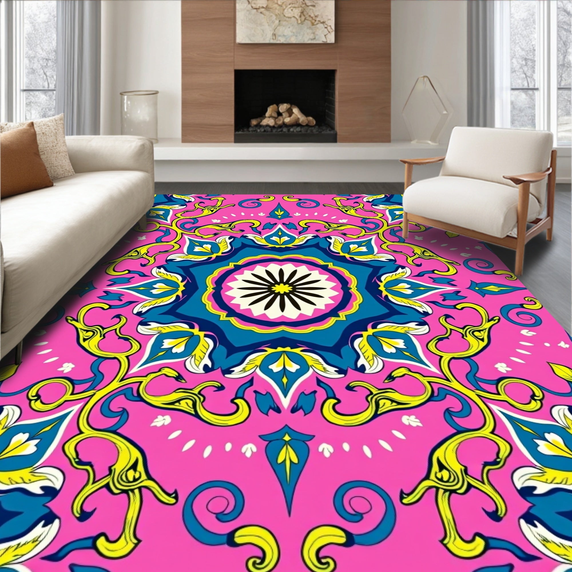 Vibrant Pink Yellow Blue Floral Mandala Rug