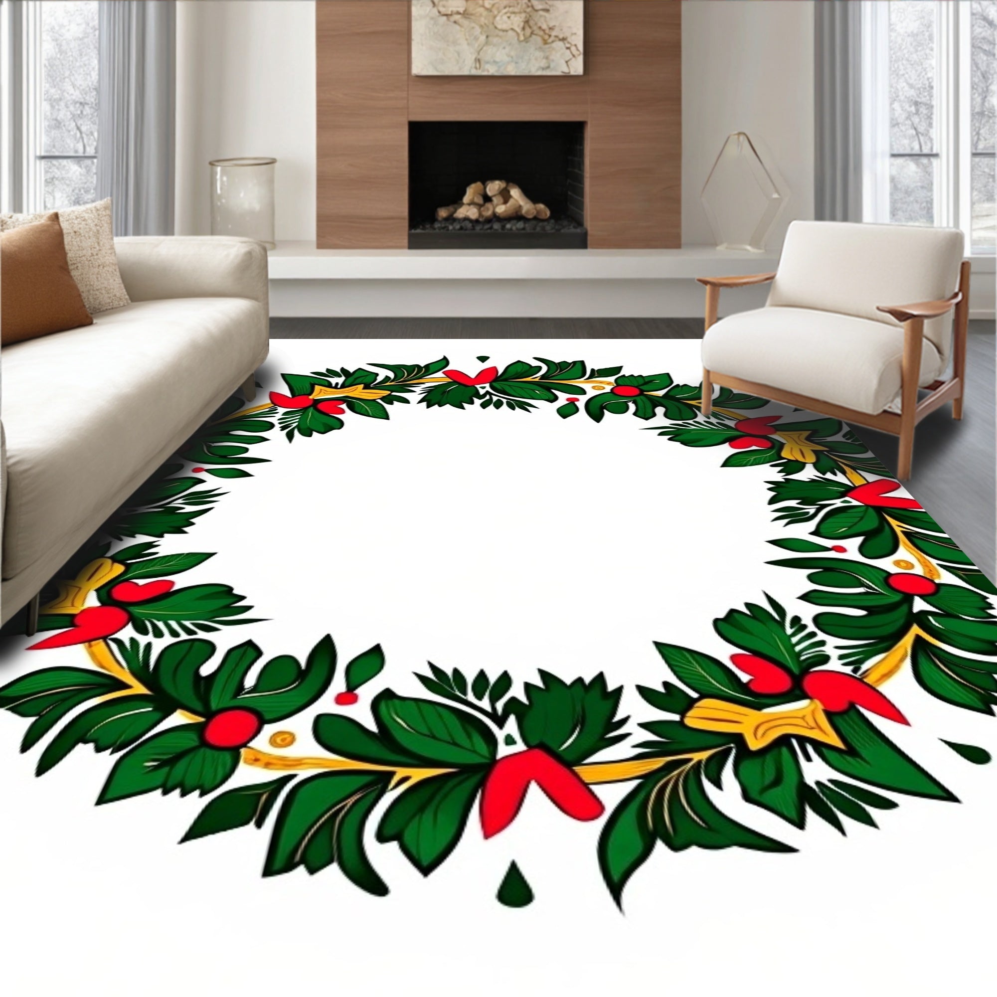Festive Green Red Gold Holly Wreath Rug