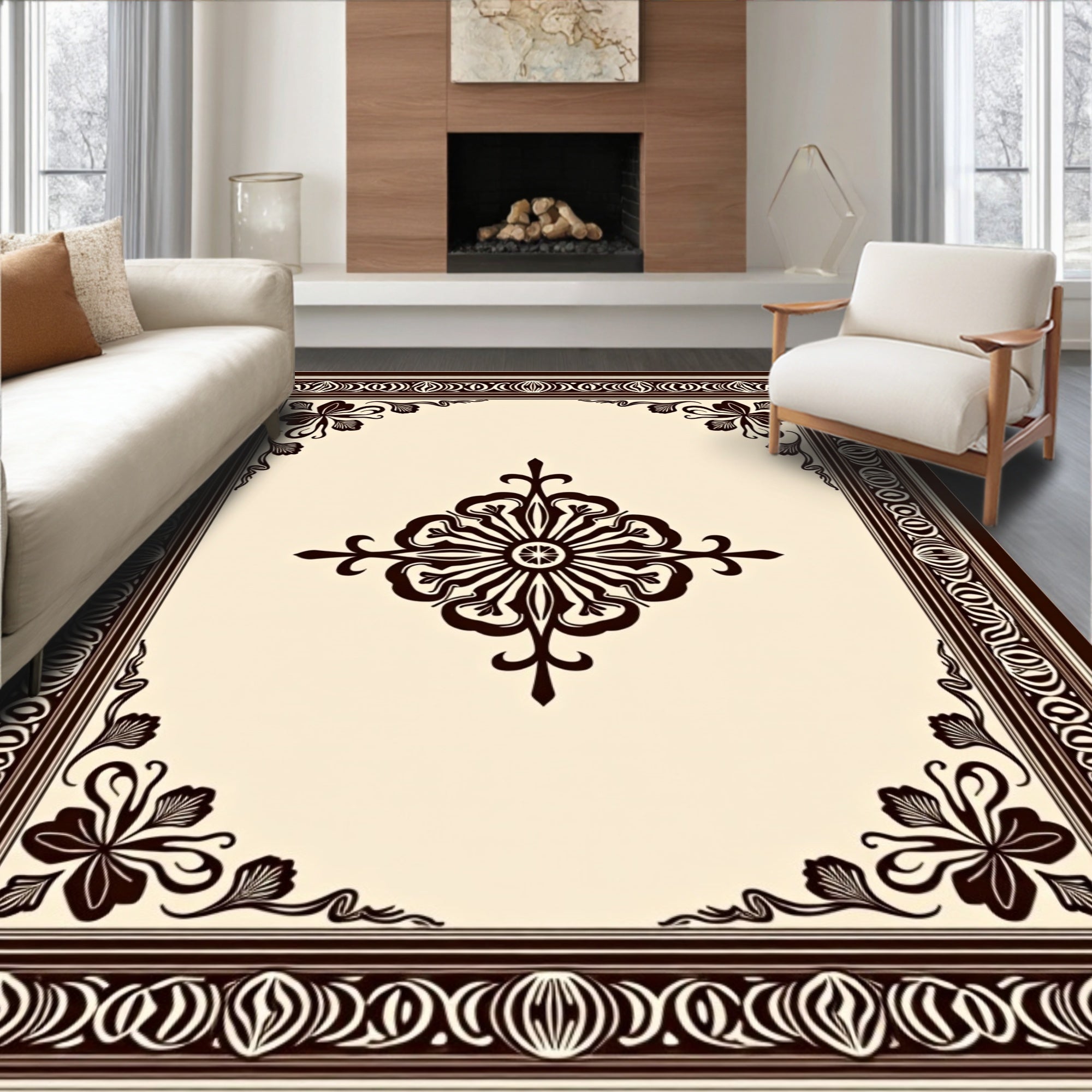 Rich Brown Ornamental Square Arrangement Rug