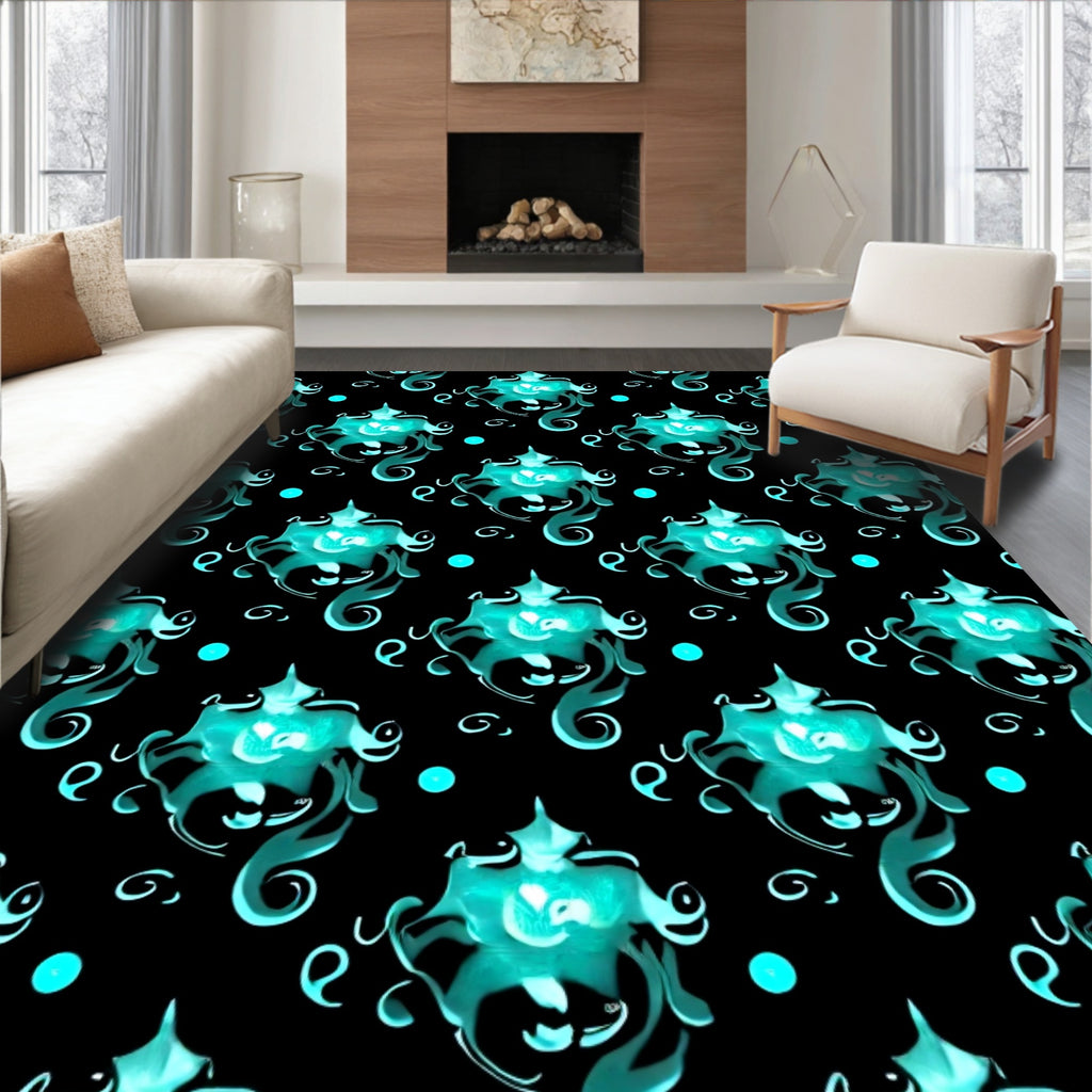 Aquatic Teal Bioluminescent Floral Swirls Rug