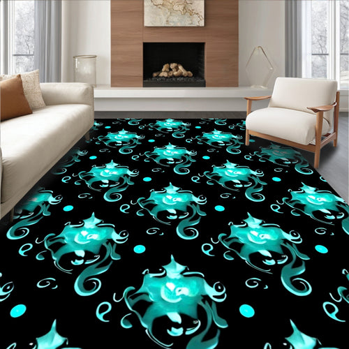 Aquatic Teal Bioluminescent Floral Swirls Rug