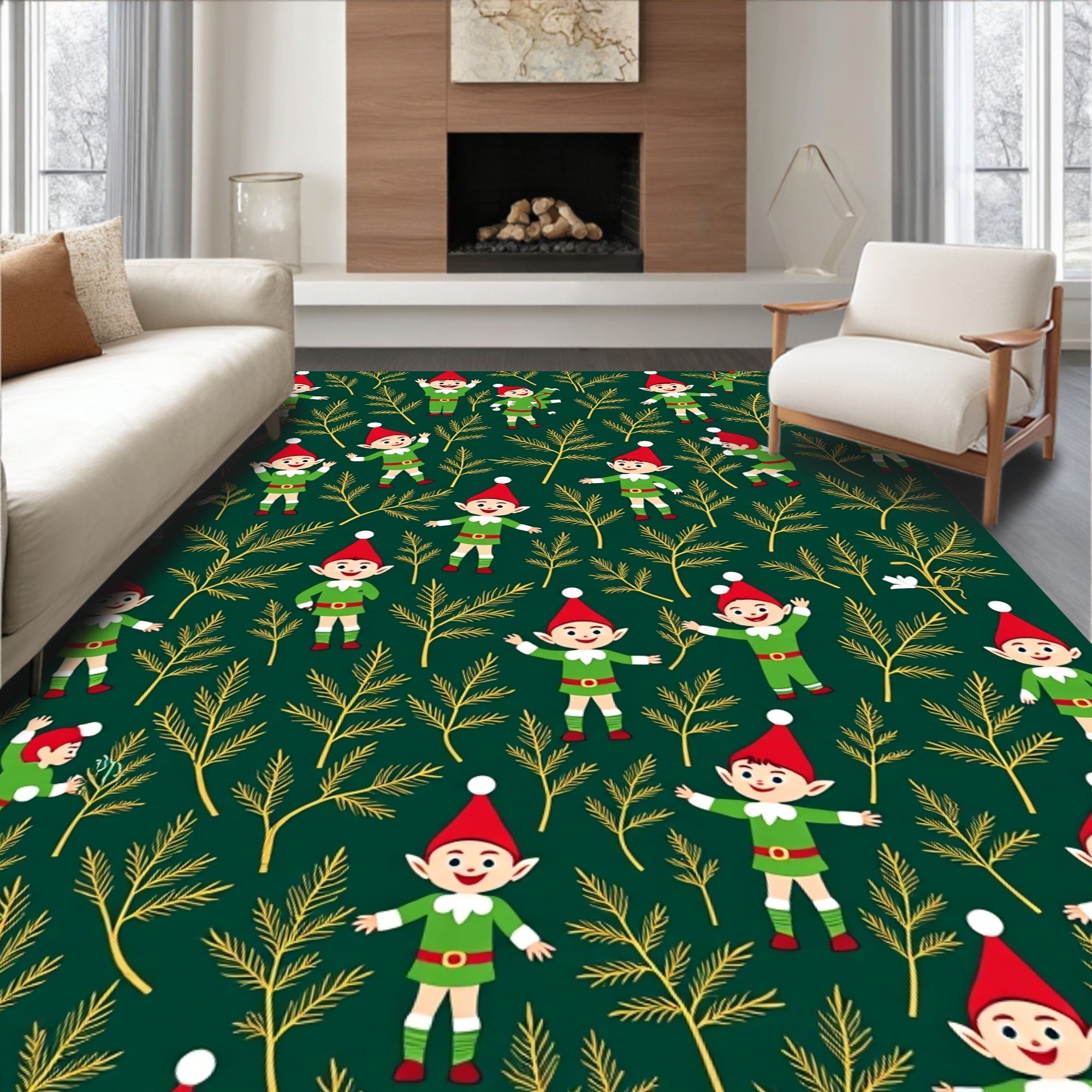 Green Elf Evergreen Whimsical Winter Scene Rug