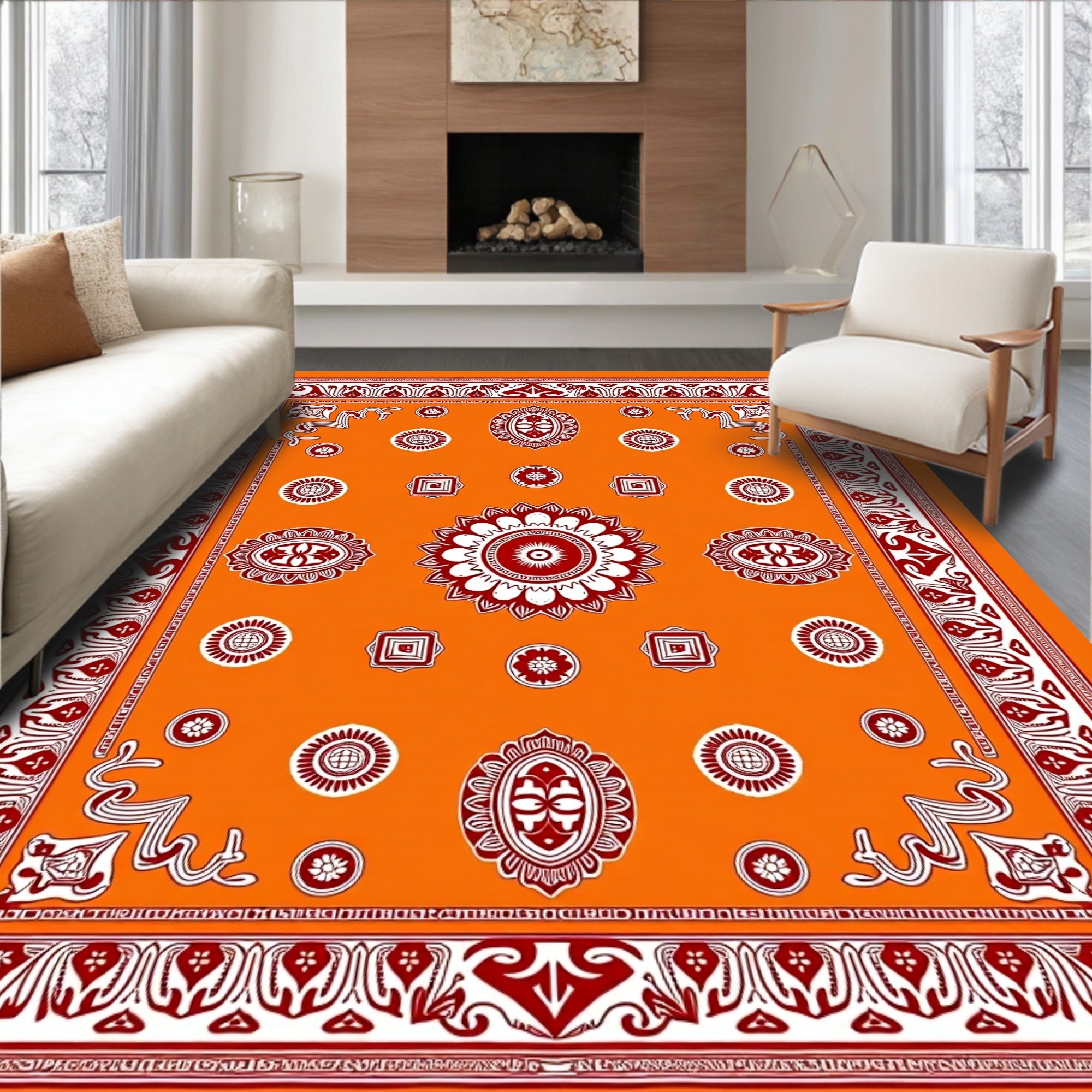 Bold Orange Medallion Floral Border Rug