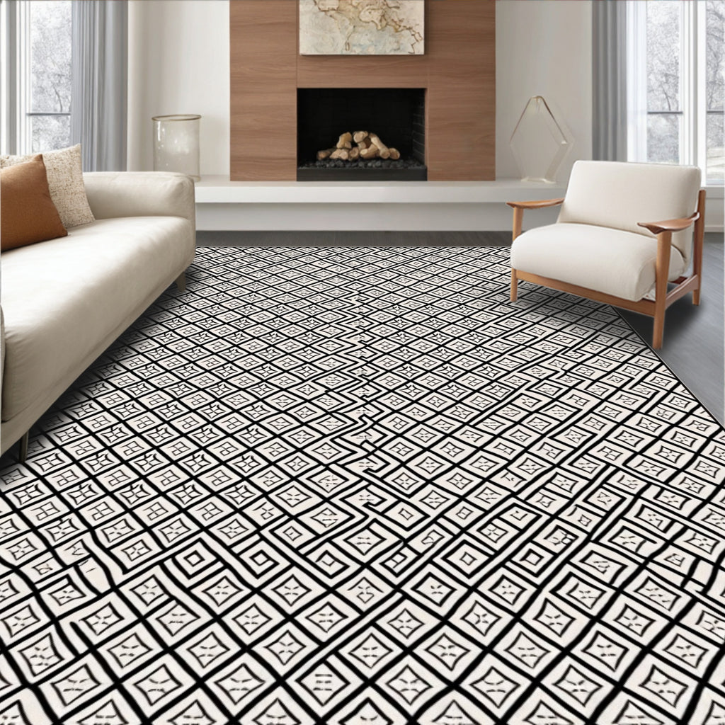 Geometric Diamond Maze Black Cream Rug