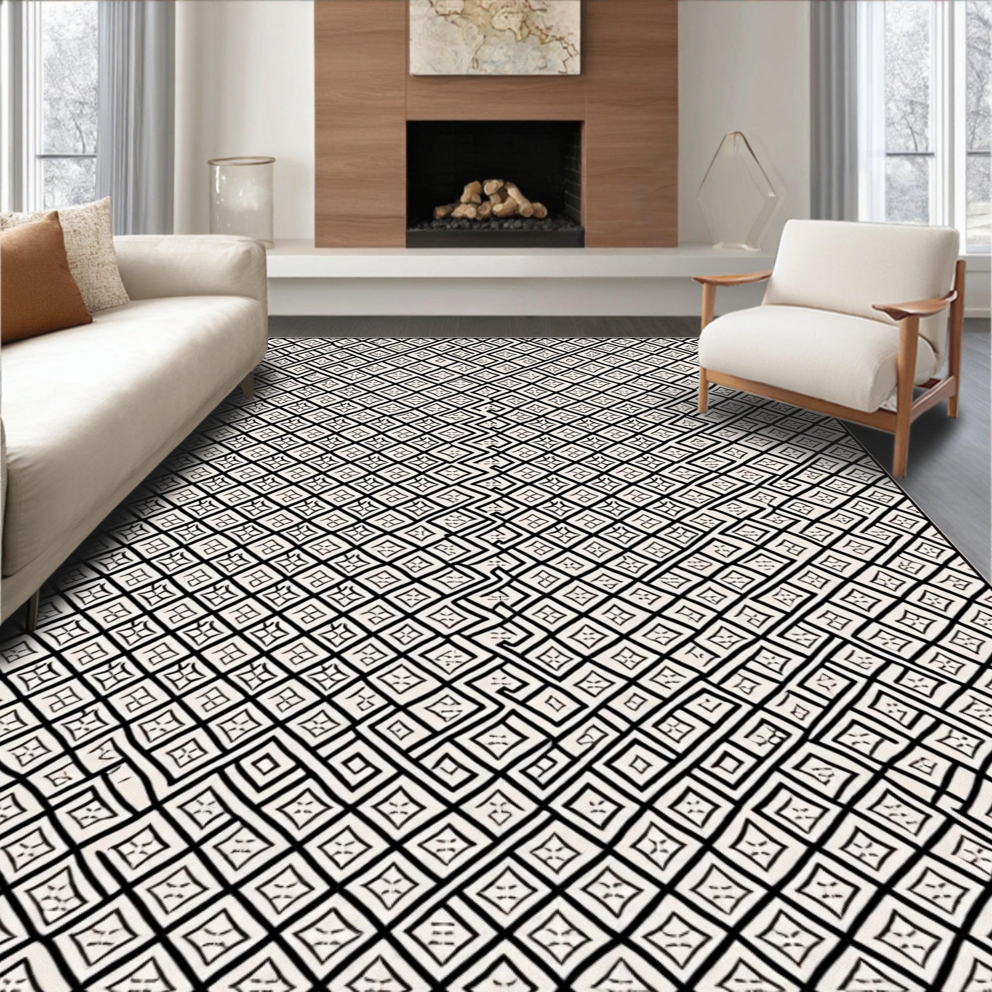 Geometric Diamond Maze Black Cream Rug
