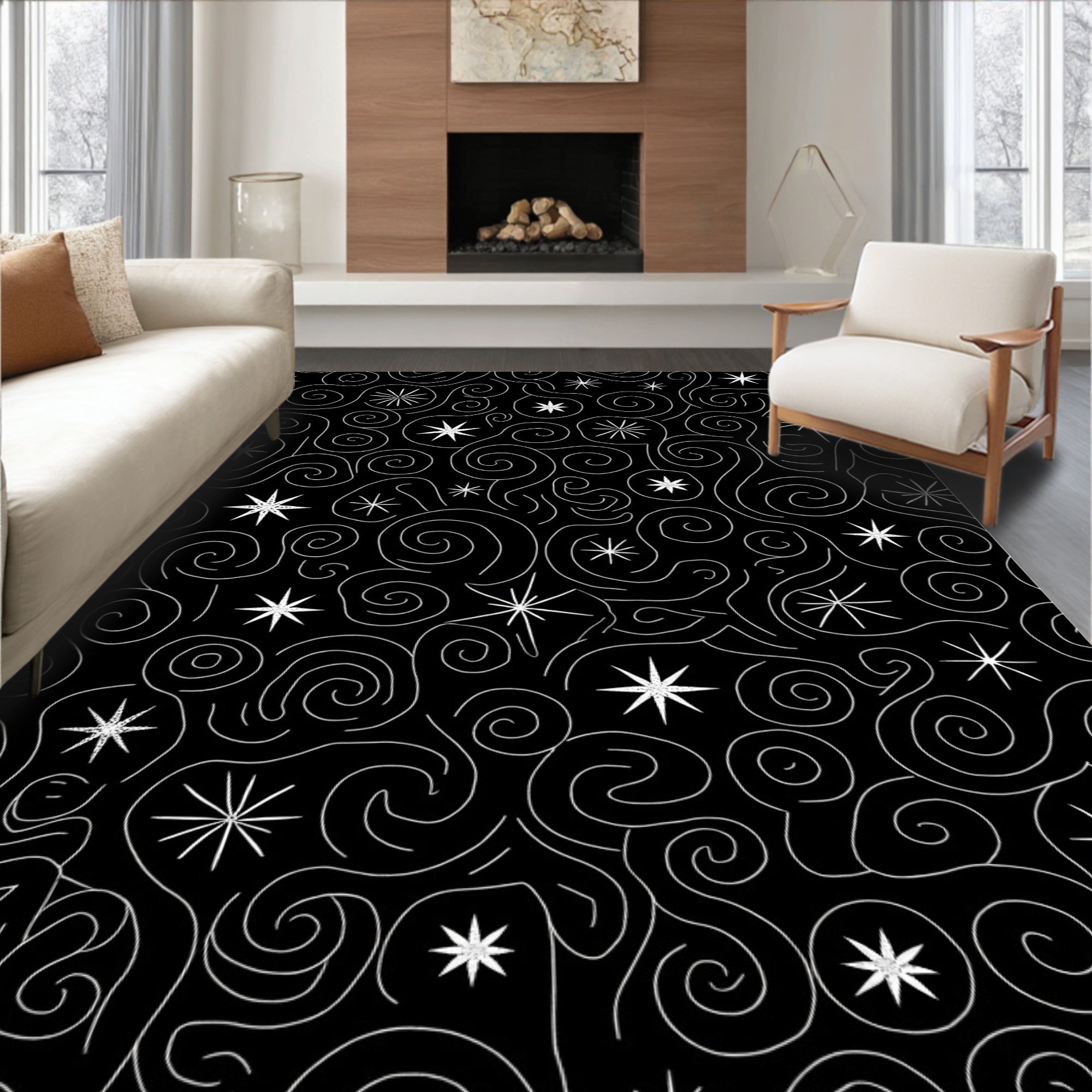 Black White Cosmic Swirl Star Rug