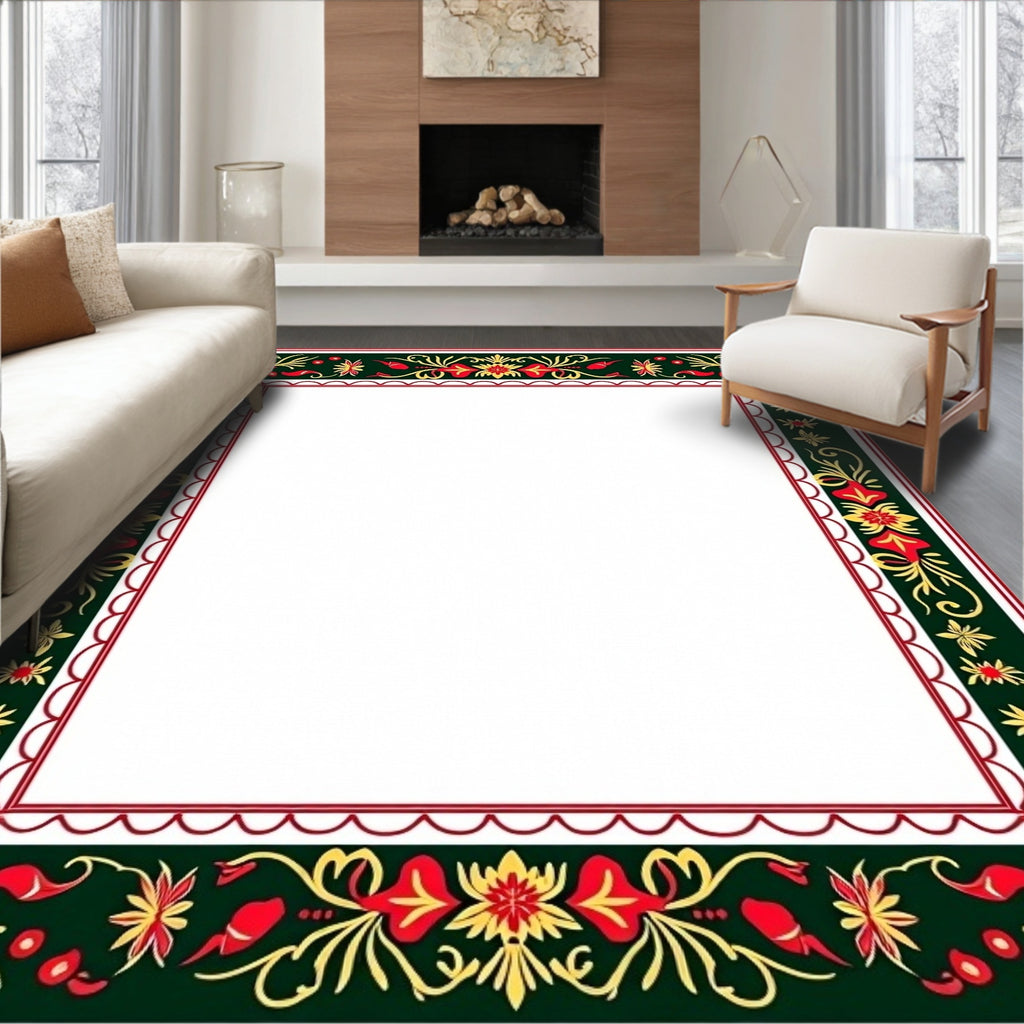 Dark Green Red Yellow Floral Border Rug