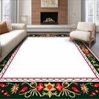 Dark Green Red Yellow Floral Border Rug