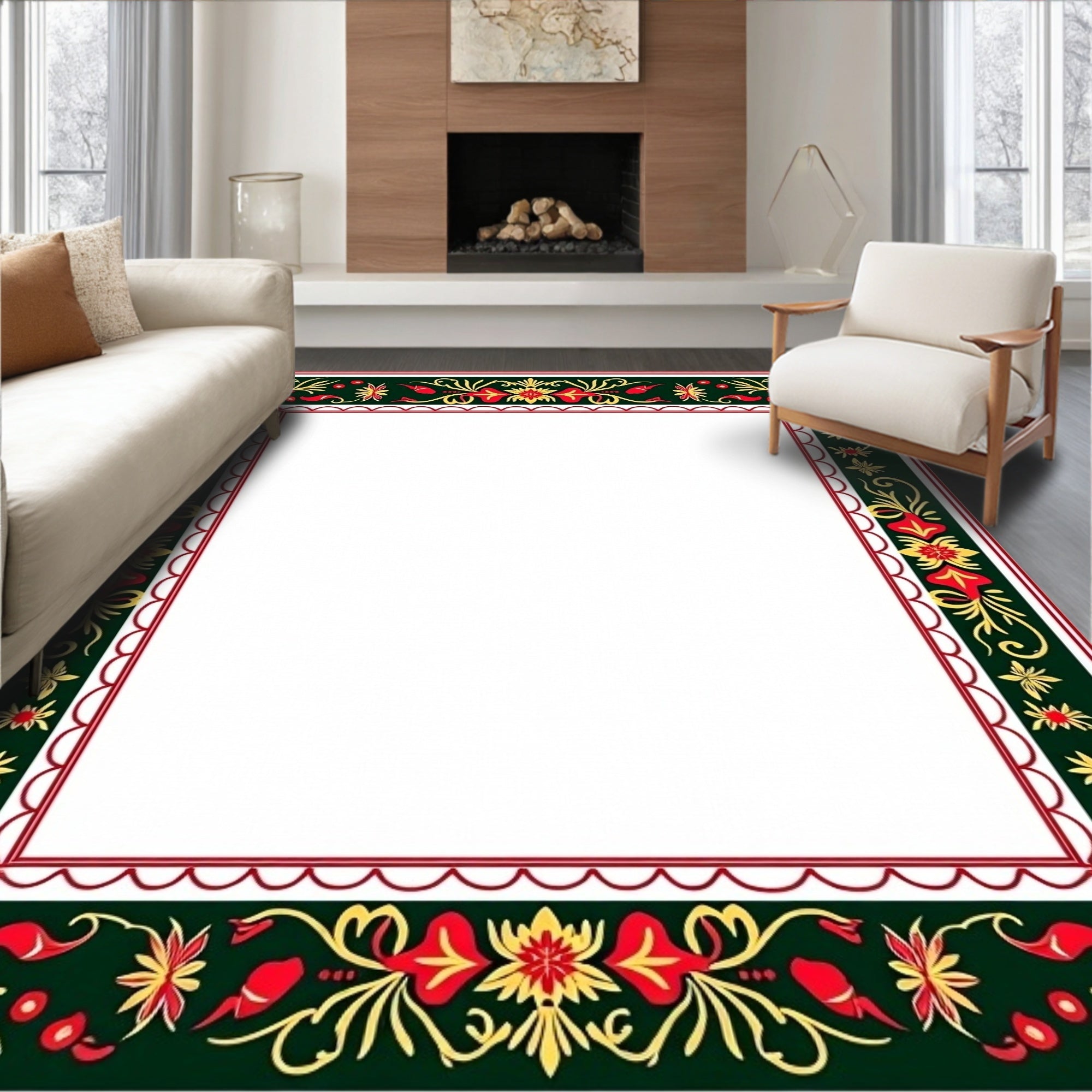 Dark Green Red Yellow Floral Border Rug