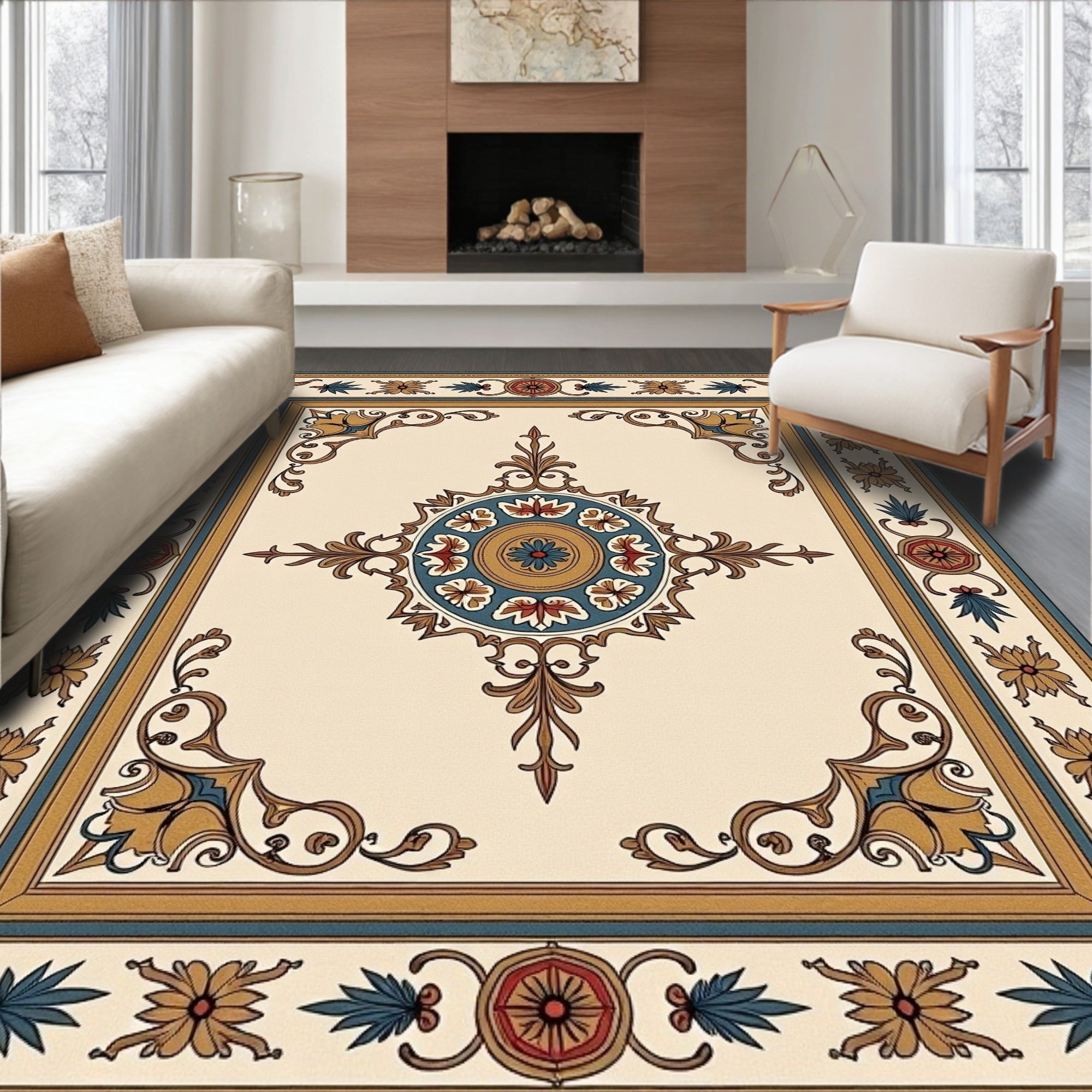 Elegant Ochre Teal Floral Medallion Rug