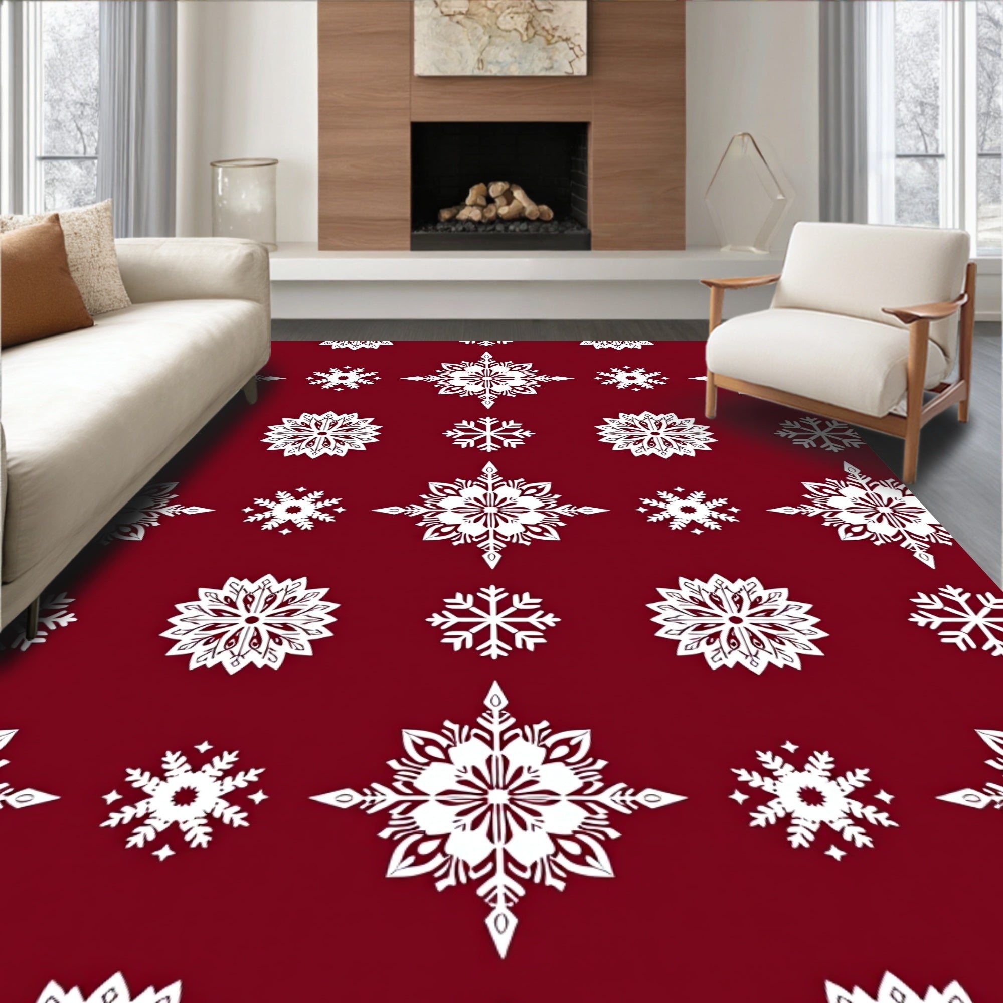 Crimson White Snowflake Starburst Rug