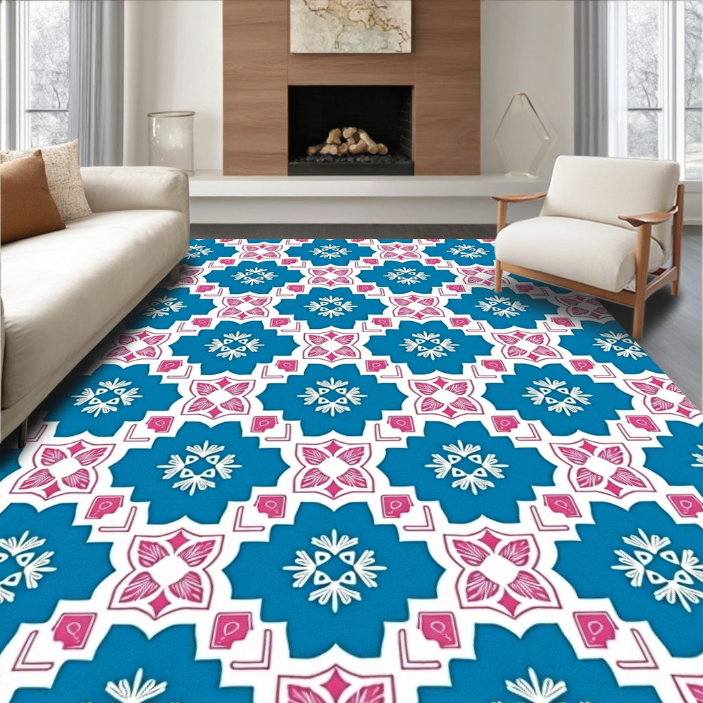 Teal Pink White Geometric Starburst Rug