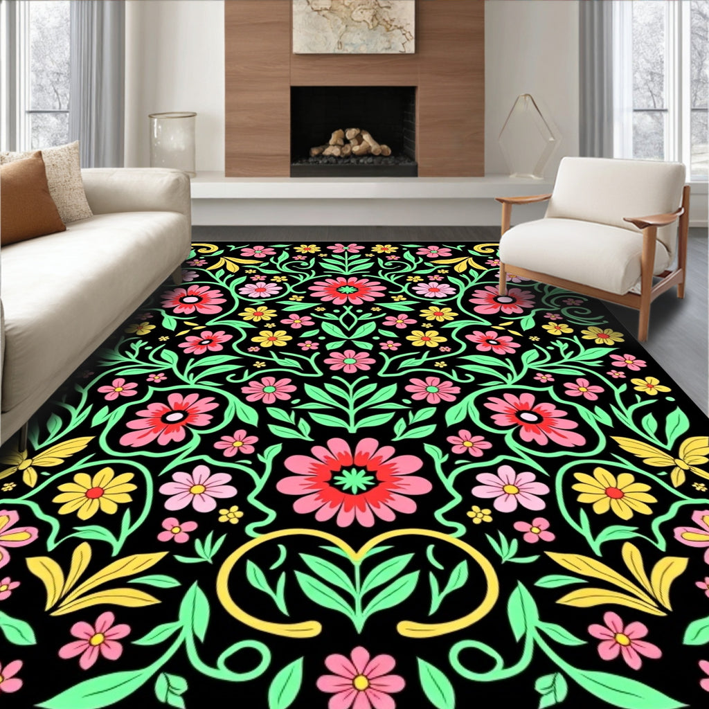 Vibrant Pink Yellow Black Floral Scroll Rug