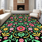 Vibrant Pink Yellow Black Floral Scroll Rug