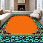 Orange Turquoise Floral Scroll Frame Rug