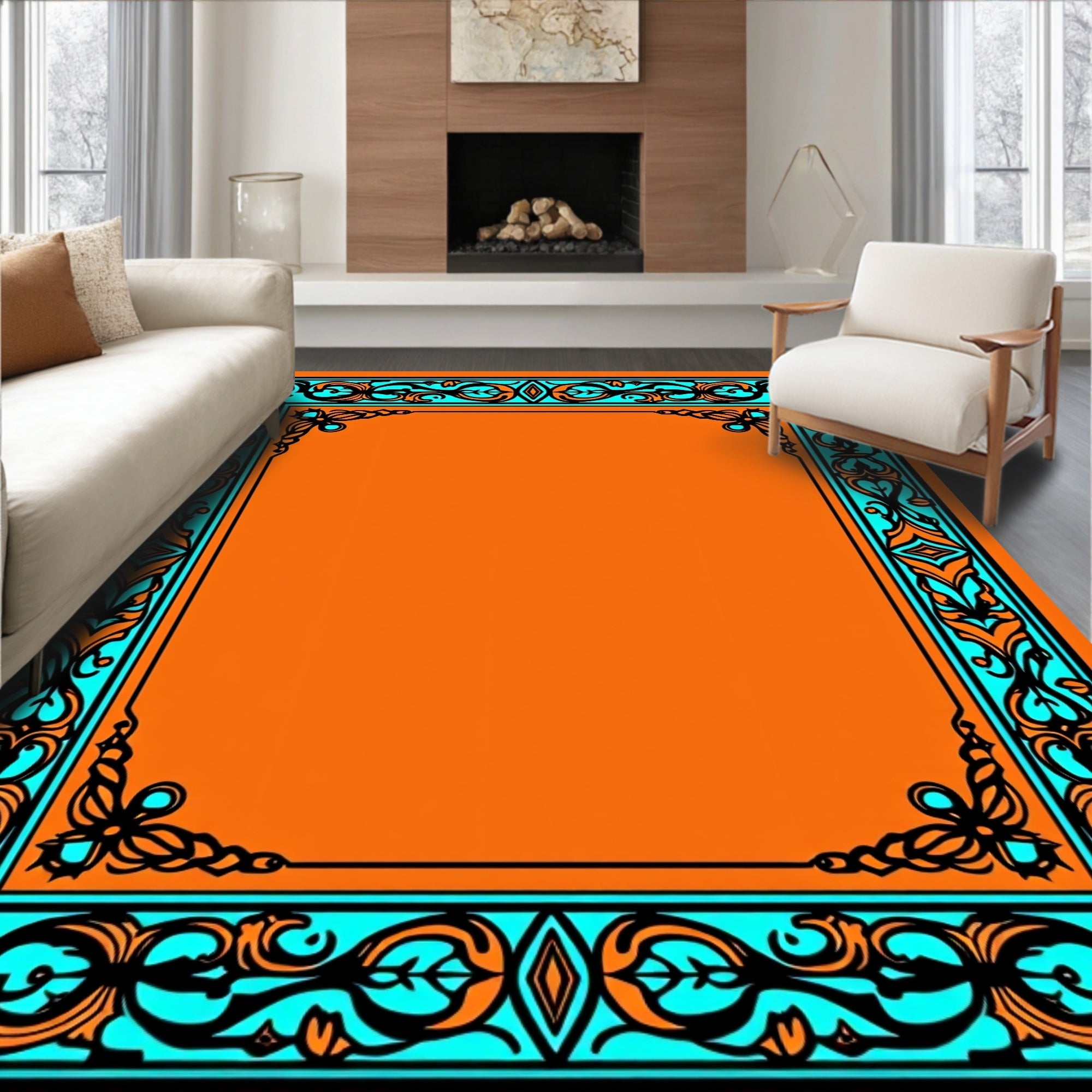 Orange Turquoise Floral Scroll Frame Rug