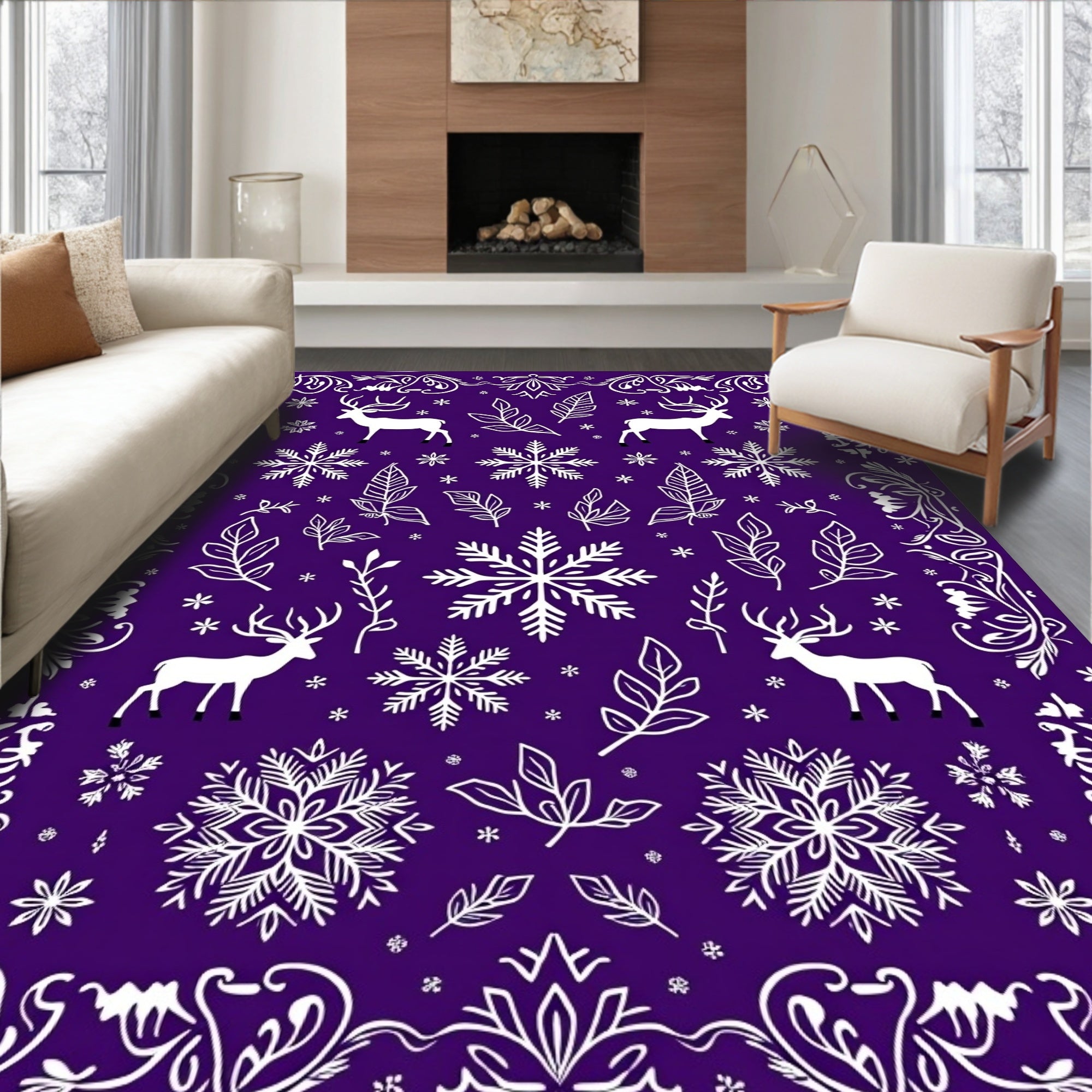 Winter Deer Snowflake Floral Border Rug