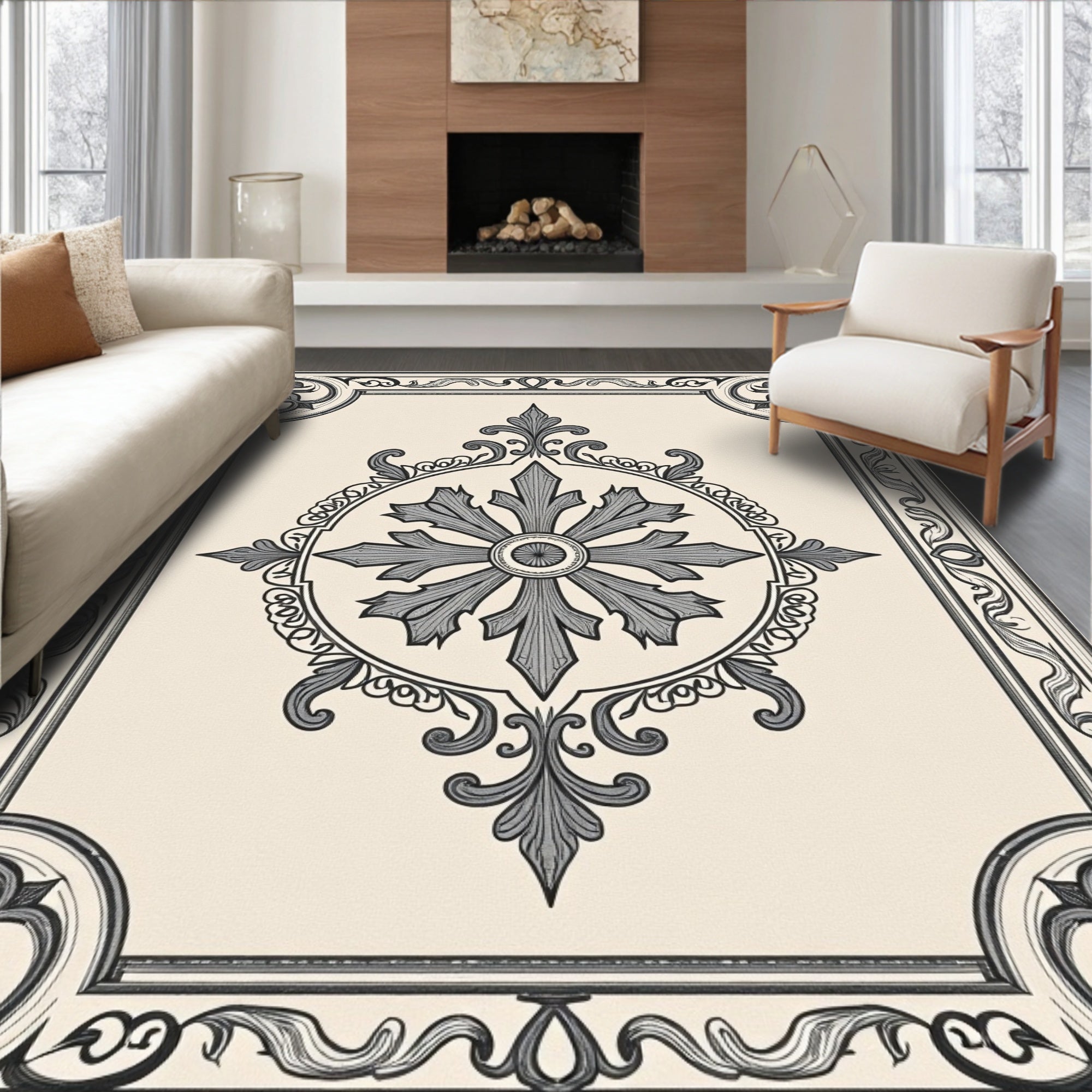 Cream Traditional Gray Floral Medallion Rug