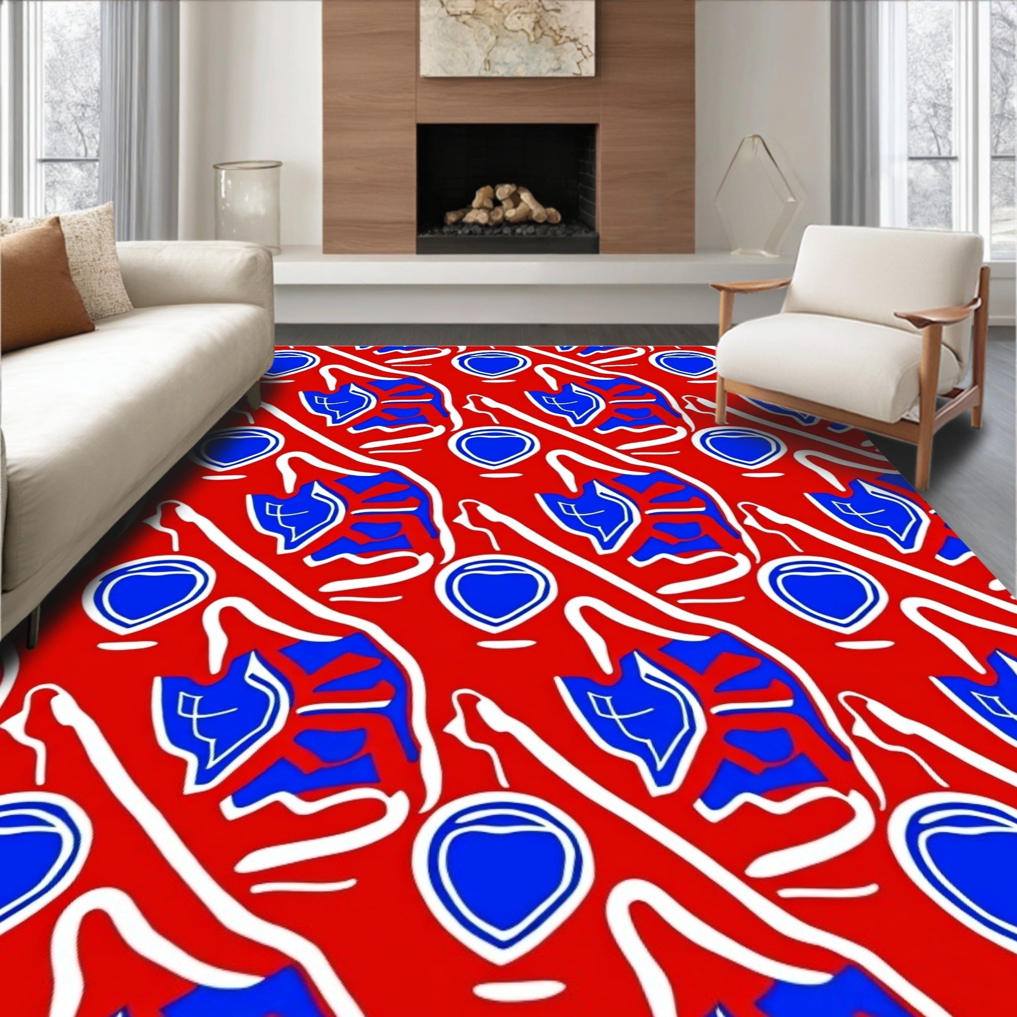 Vibrant Red Blue Abstract Organic Forms Rug
