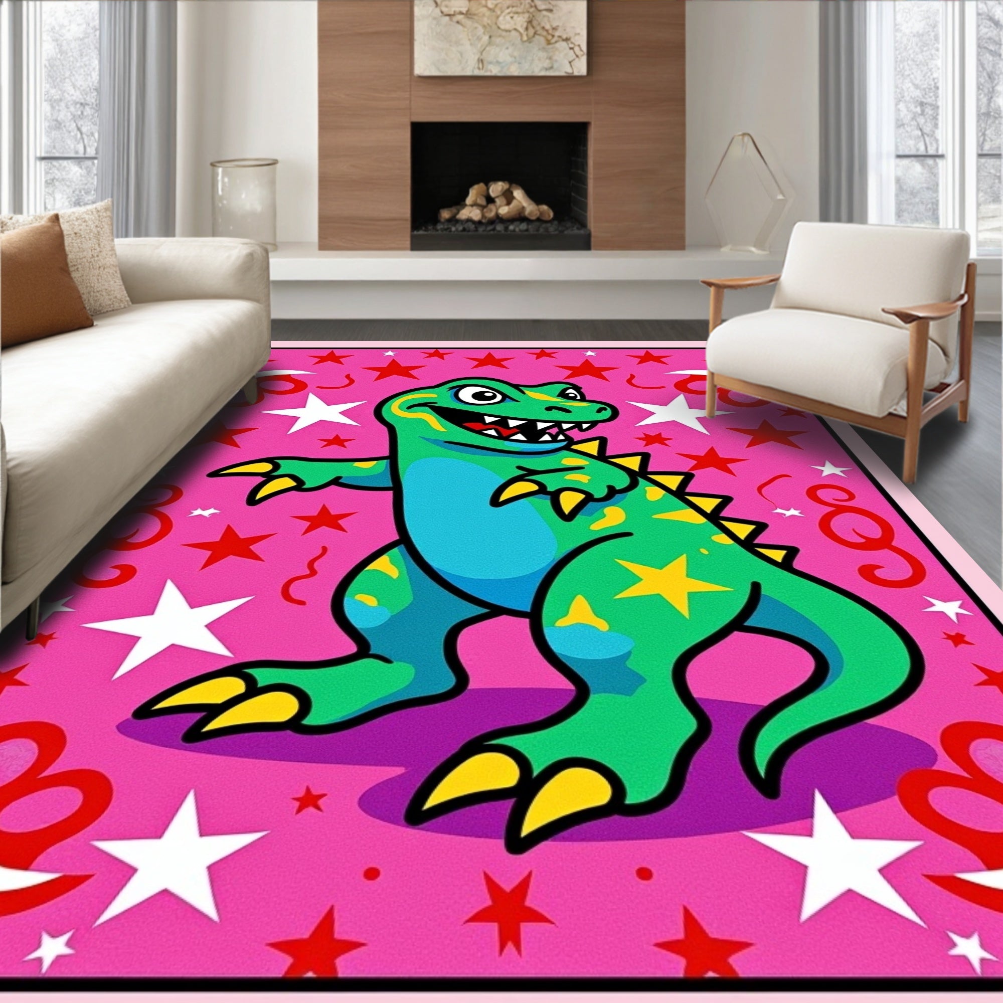 Playful Green Dinosaur Pink Star Rug