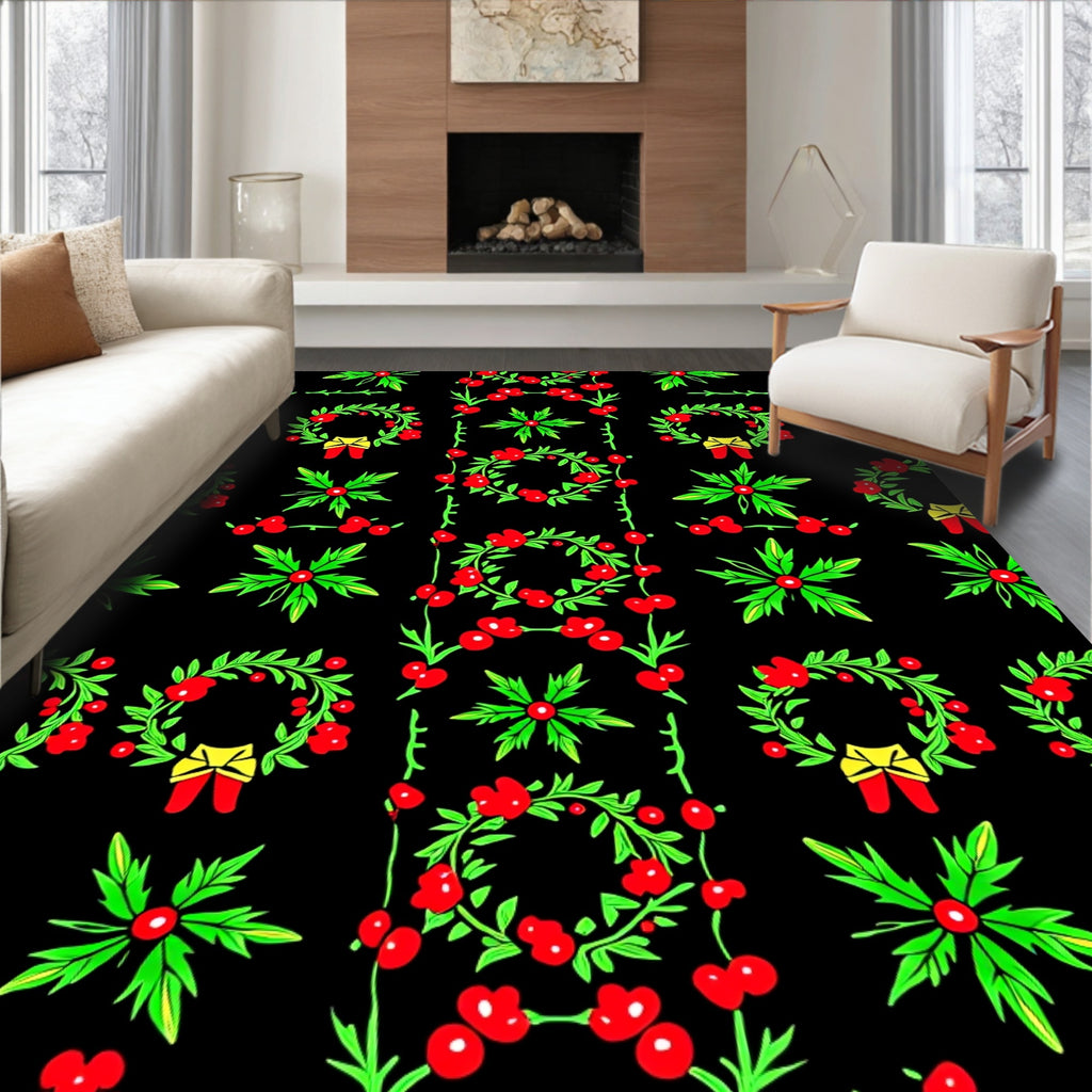 Festive Red Green Holly Wreath Rug