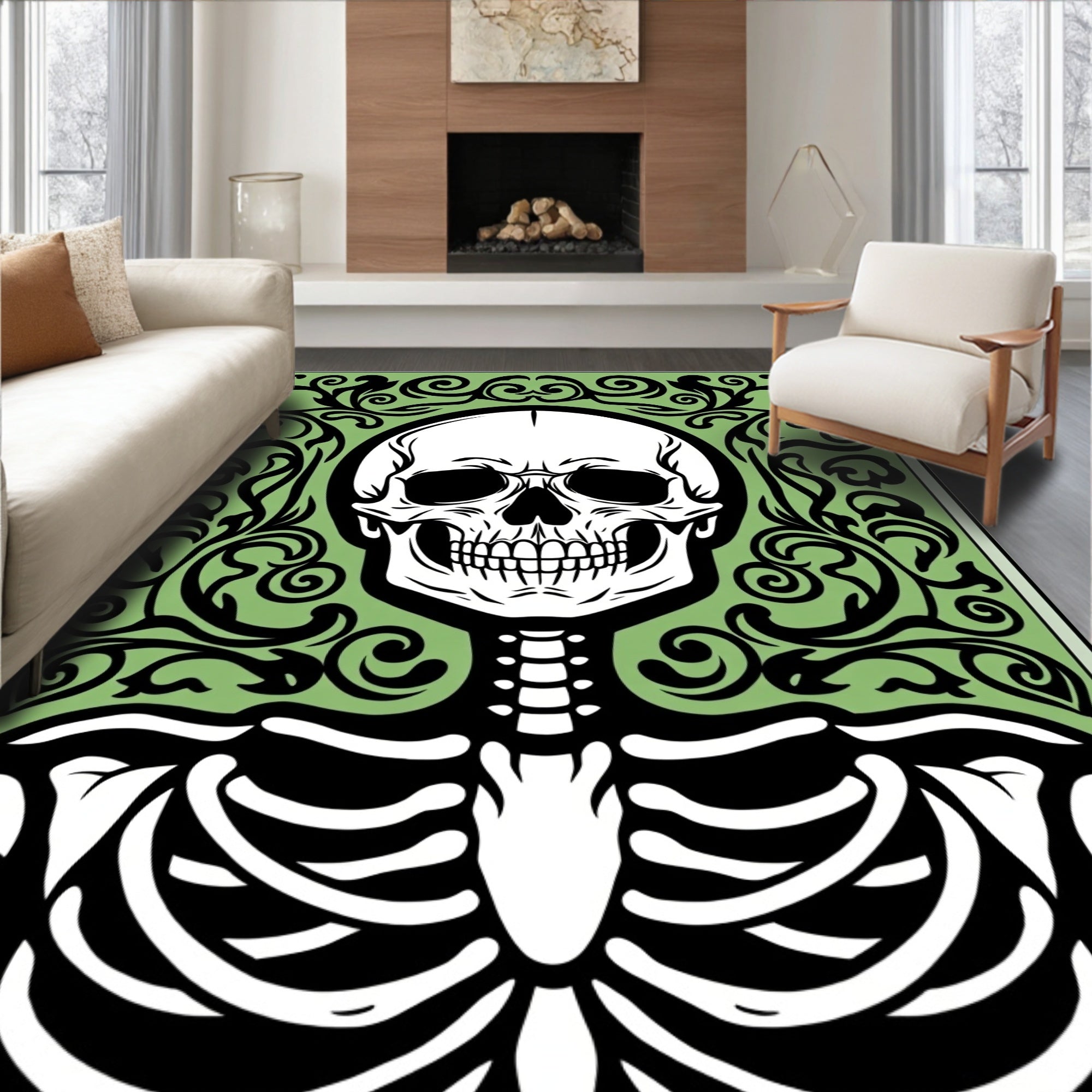 Eerie Black Skeleton Green Floral Scroll Rug