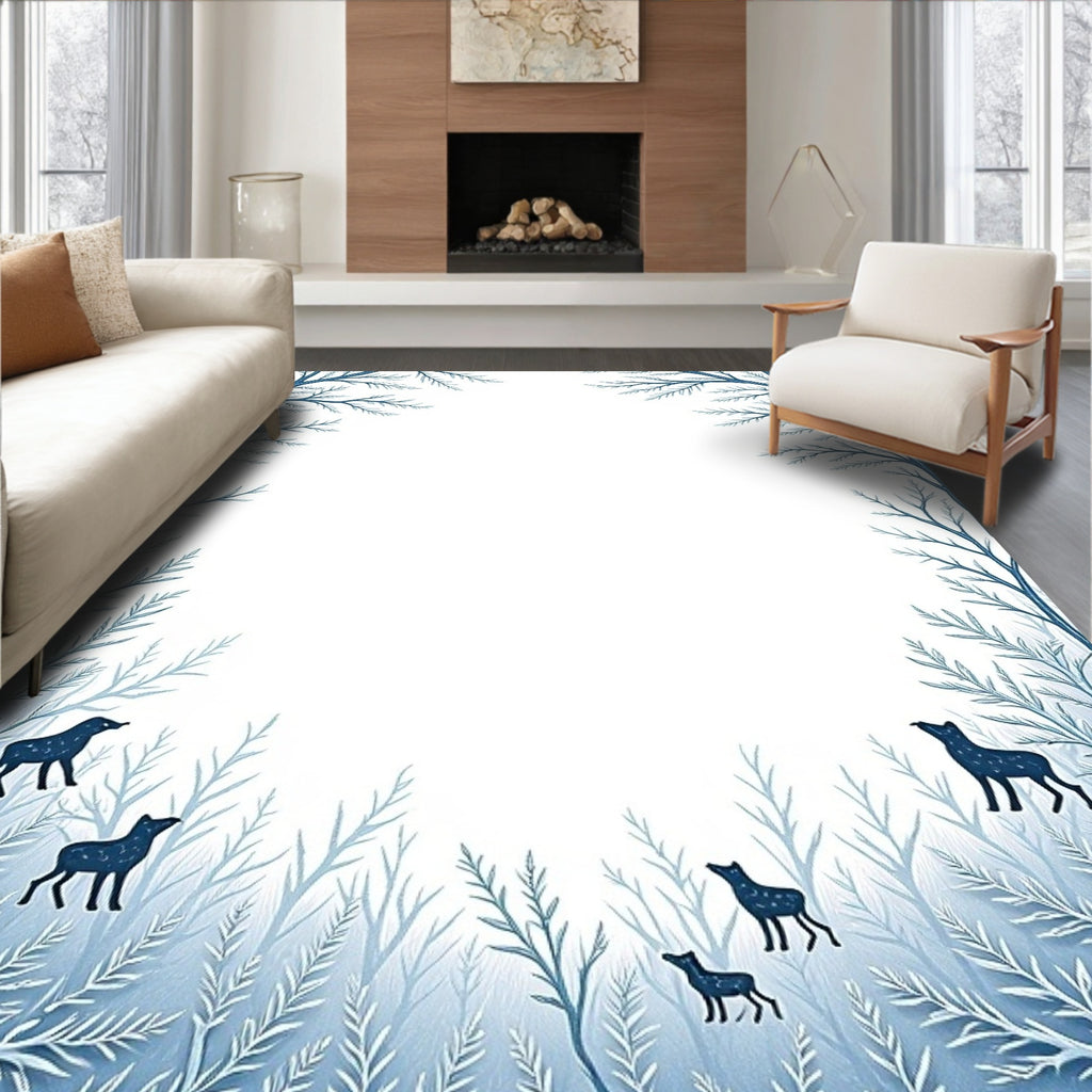 Whimsical Blue Woodland Dog Scene Rug