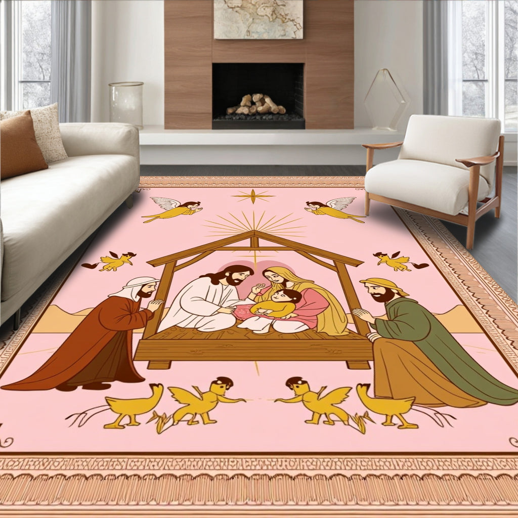 Pink Nativity Scene with Angels and Star Rug