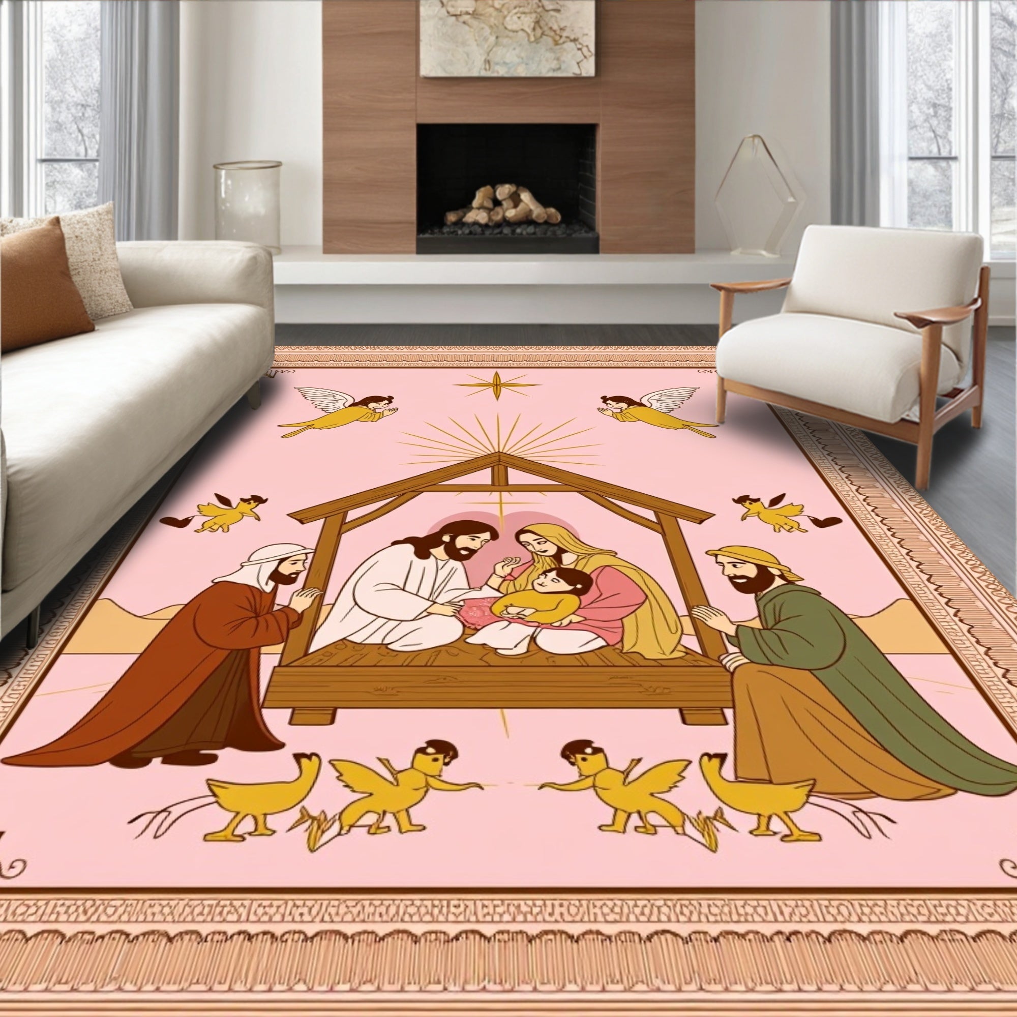 Pink Nativity Scene with Angels and Star Rug