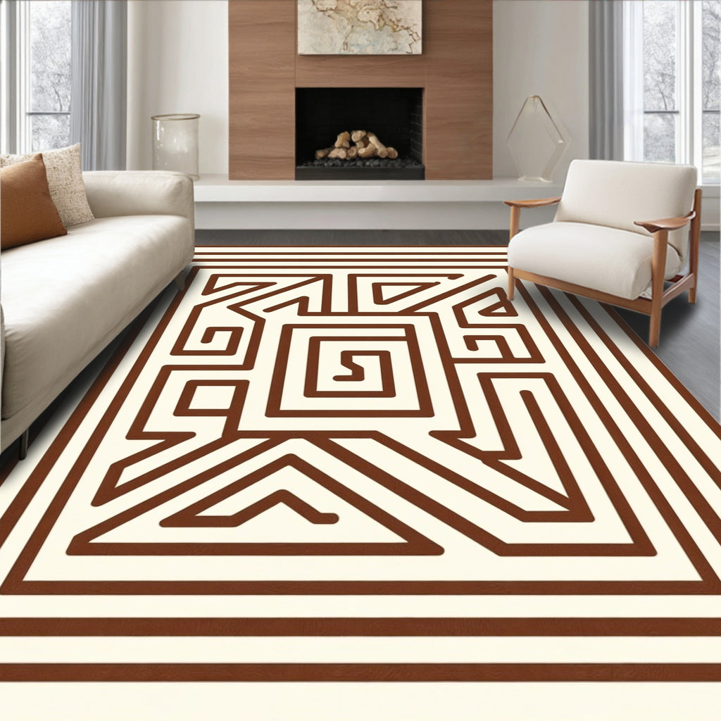Brown Cream Geometric Maze Rug