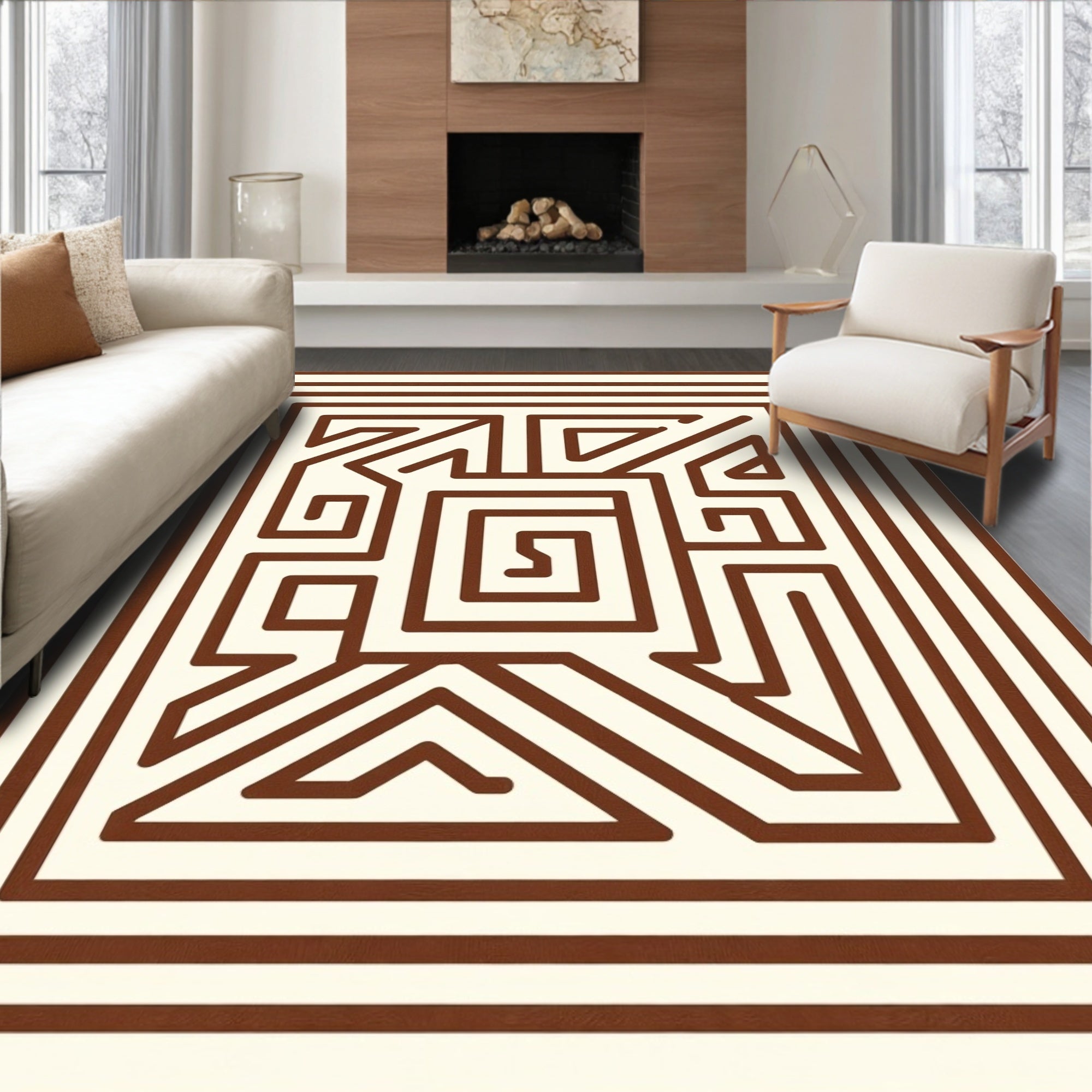 Brown Cream Geometric Maze Rug