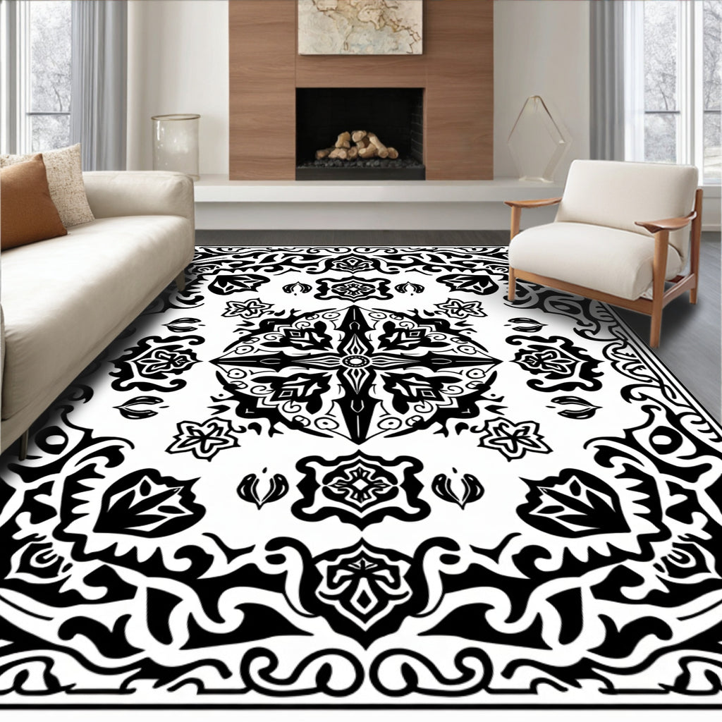 Bold Black and White Floral Mandala Rug