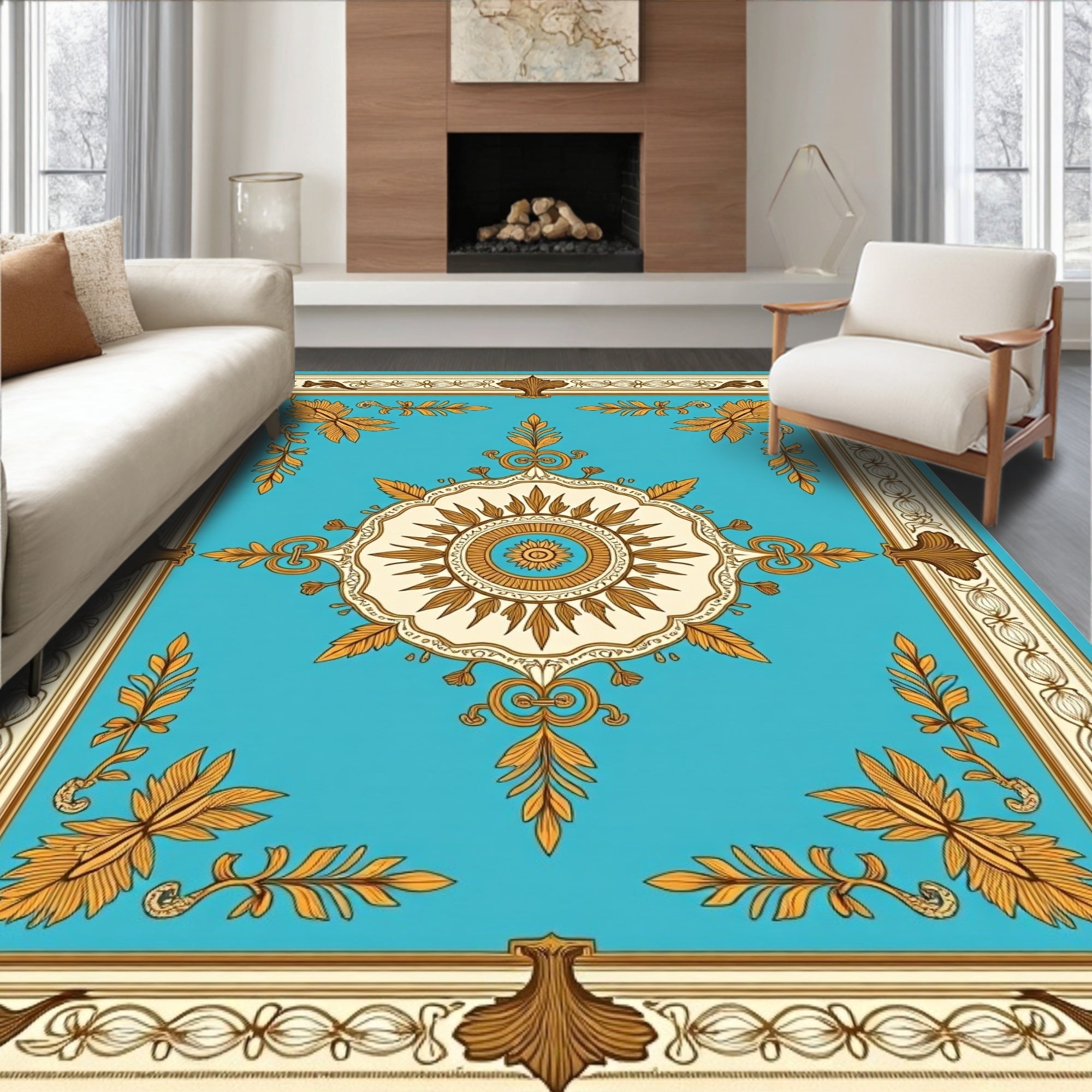 Turquoise Gold Floral Medallion Border Rug