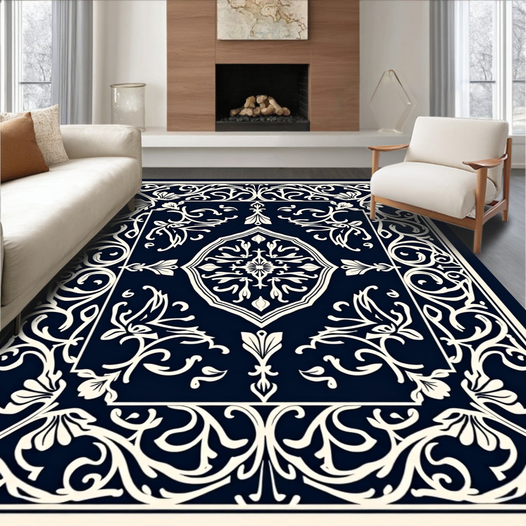 Elegant Navy Arabesque Scroll Medallion Rug