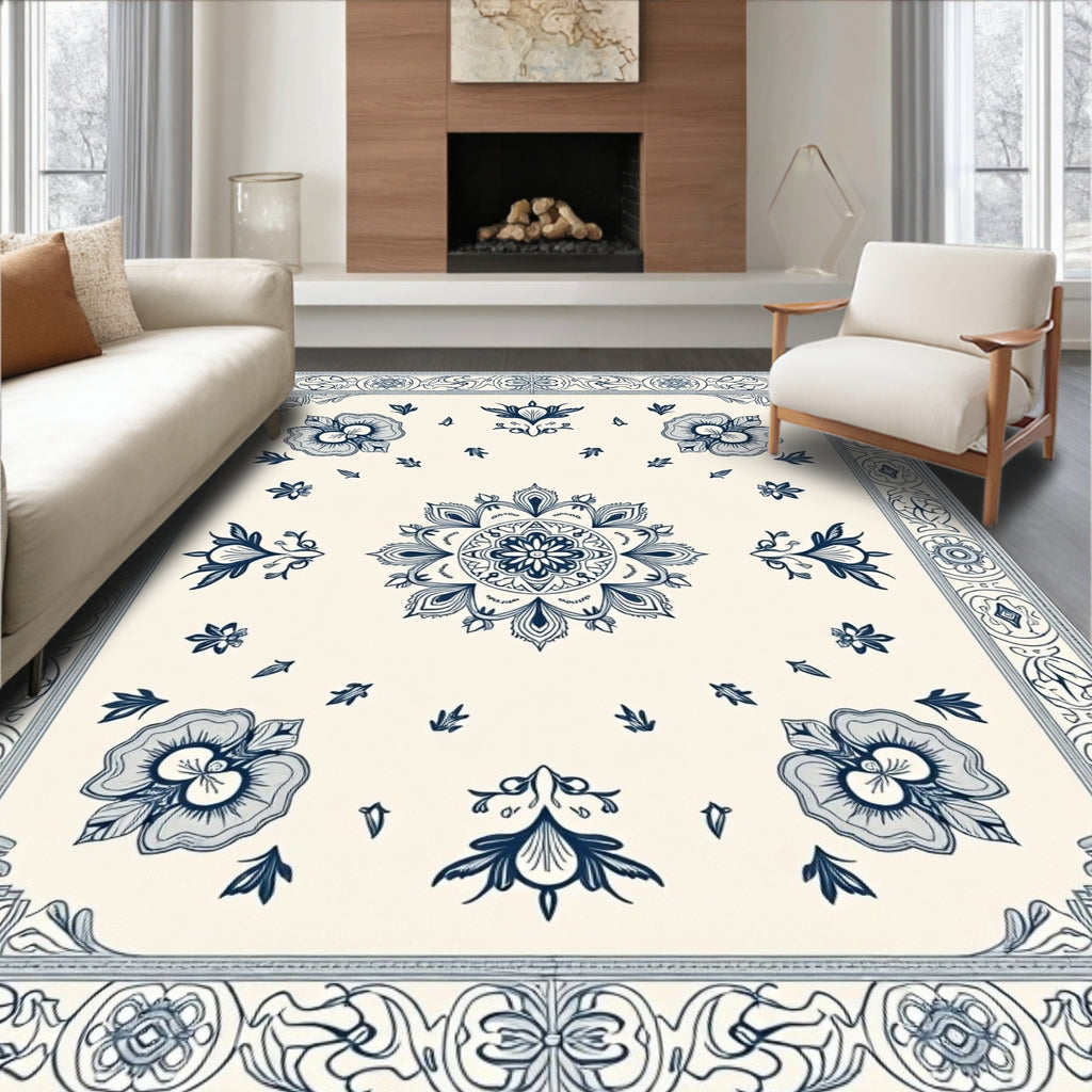 Cream Blue Floral Mandala Border Rug