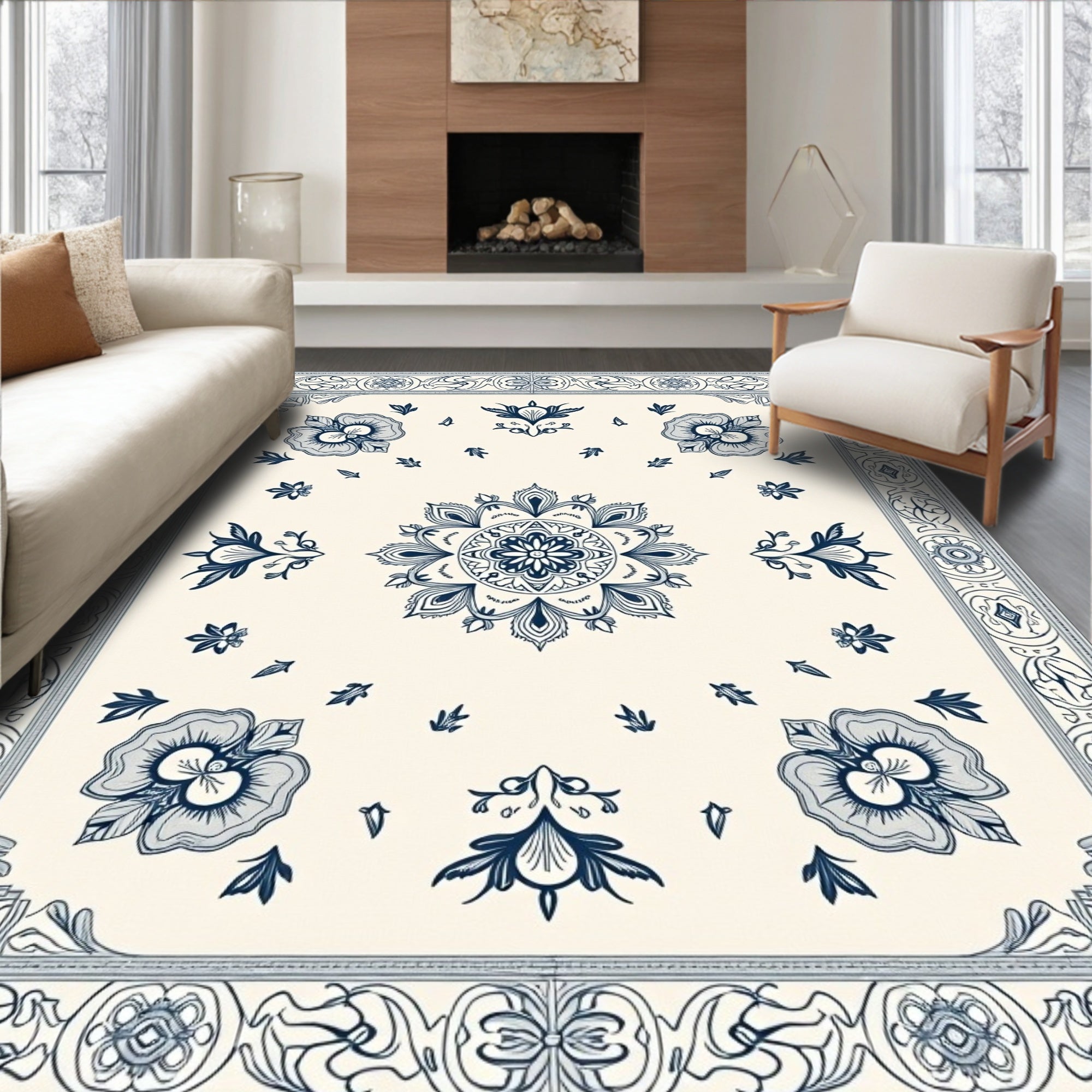 Cream Blue Floral Mandala Border Rug