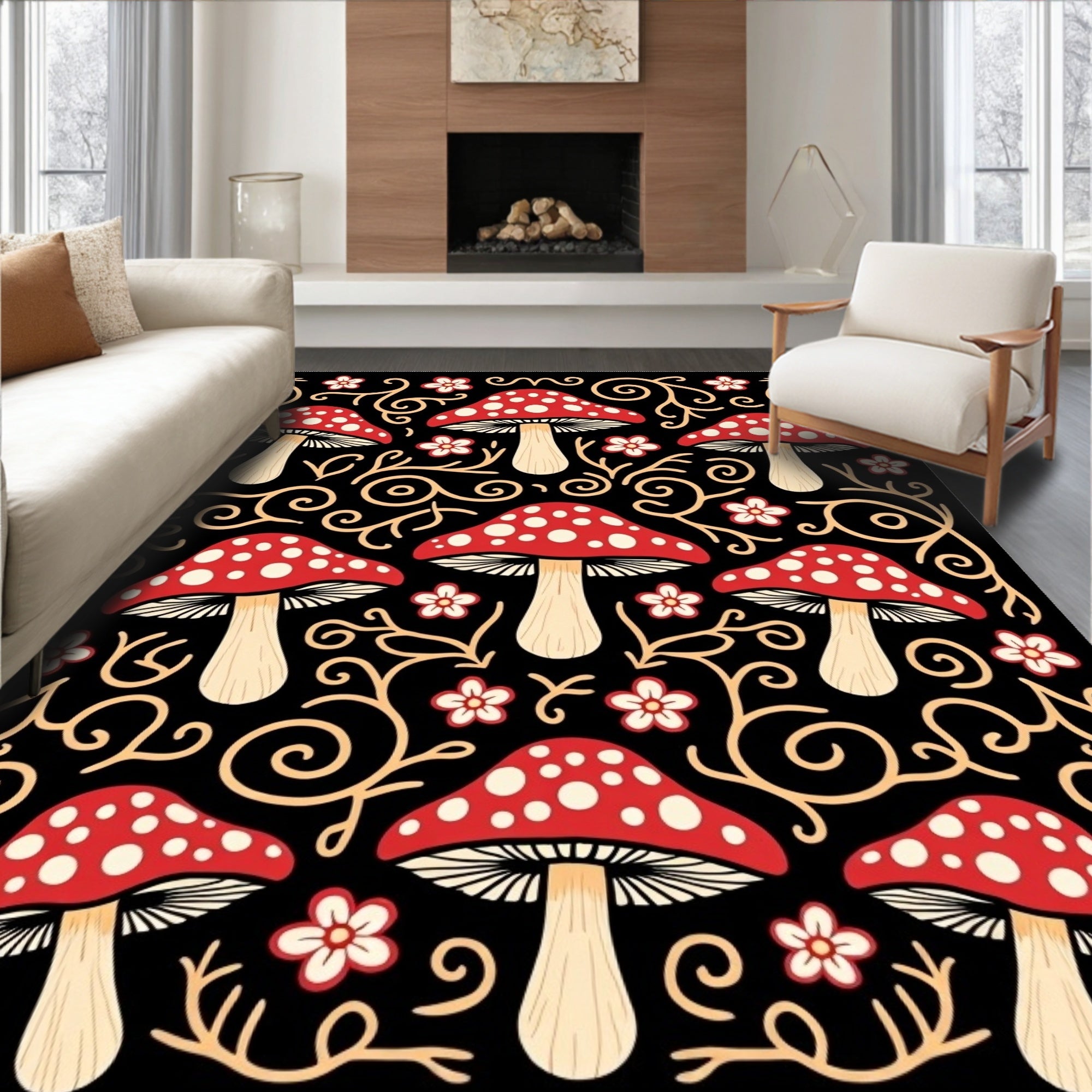 Whimsical Red Mushroom Vines Rug