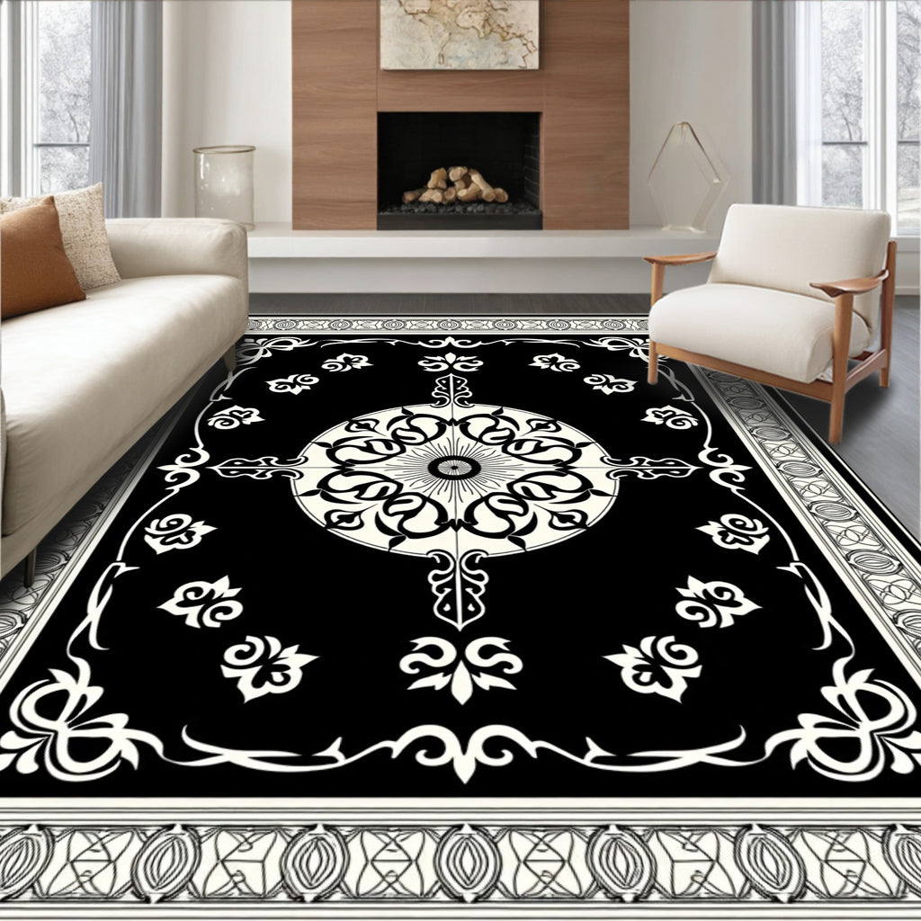Classic Black White Medallion Border Rug