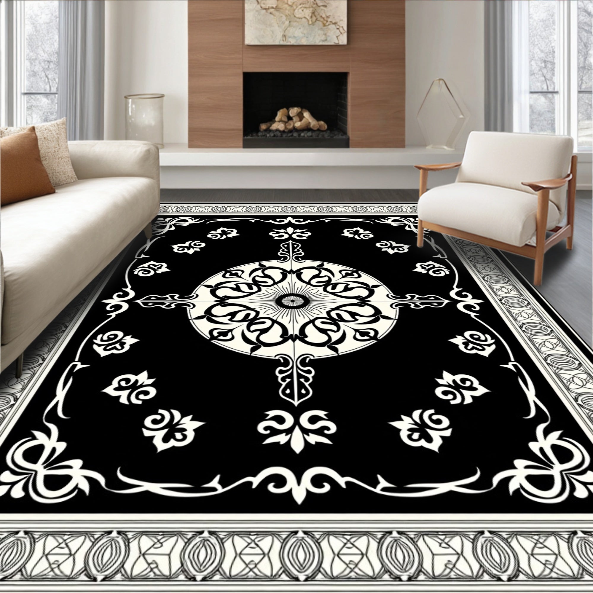 Classic Black White Medallion Border Rug