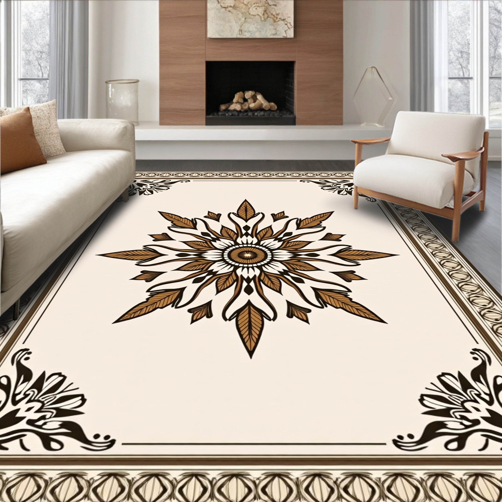 Earthy Brown Floral Medallion Border Rug