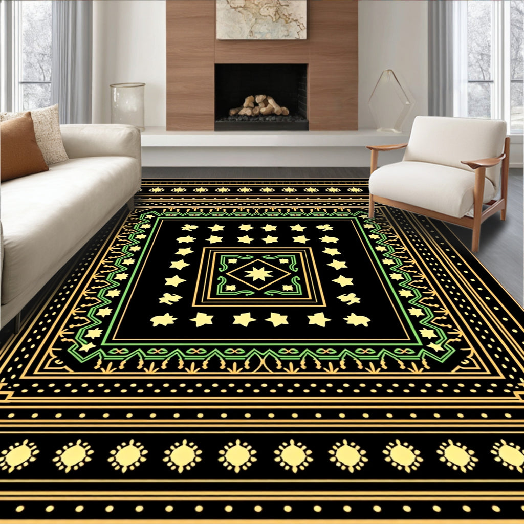 Golden Yellow Green Stars Square Rug