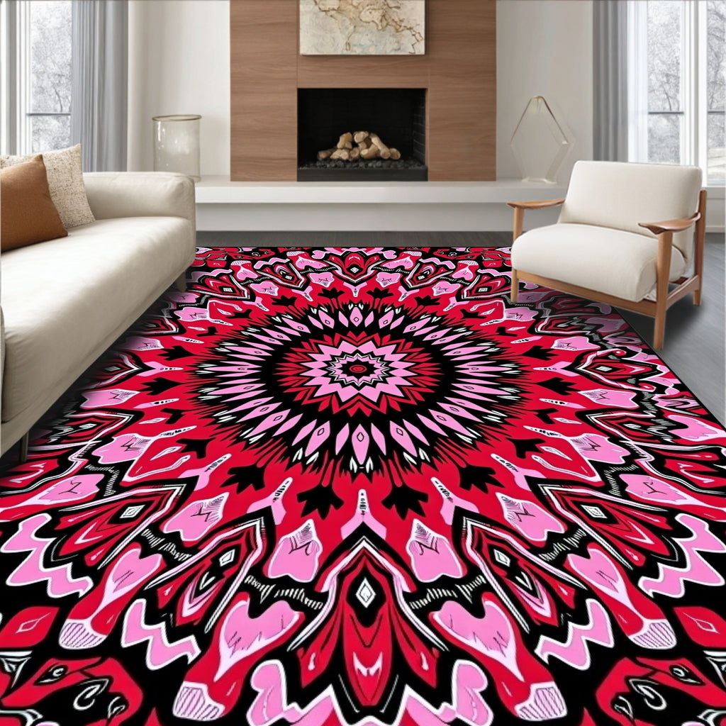 Crimson Pink Floral Mandala Rug